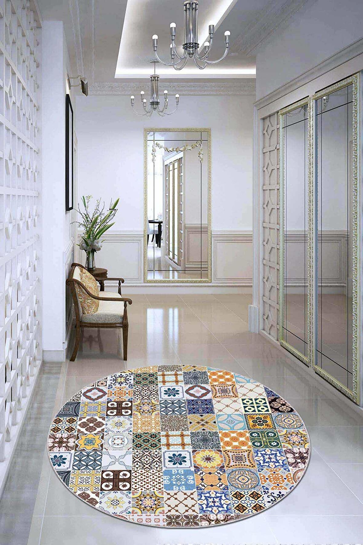 Renkli Kaymaz Taban Çini Desen Yuvarlak Mutfak Halısı AR563