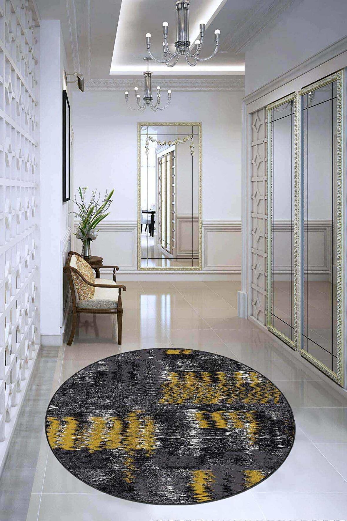 Sarı Kaymaz Tabanlı Modern Yuvarlak Mutfak Halısı AR568