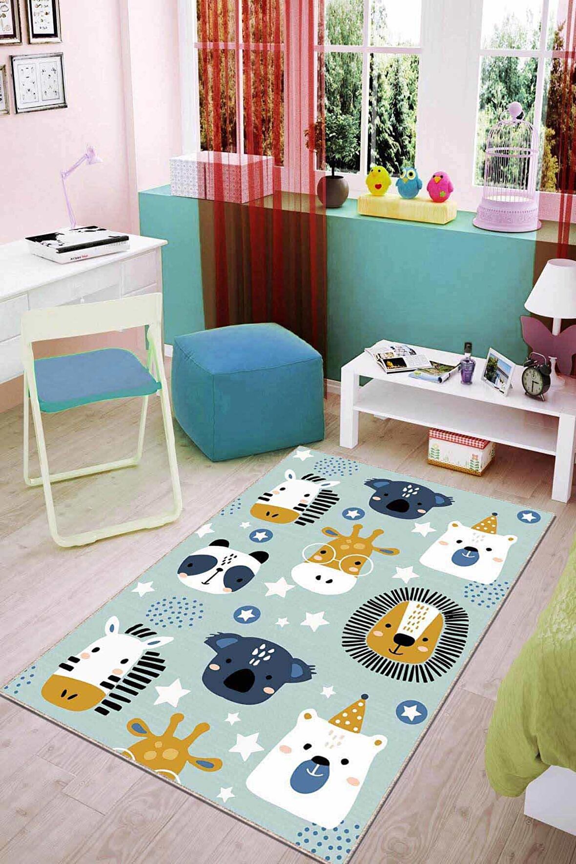 Turkuaz Kaymaz Tabanlı Sevimli Hayvanlar Çocuk Halısı AR786