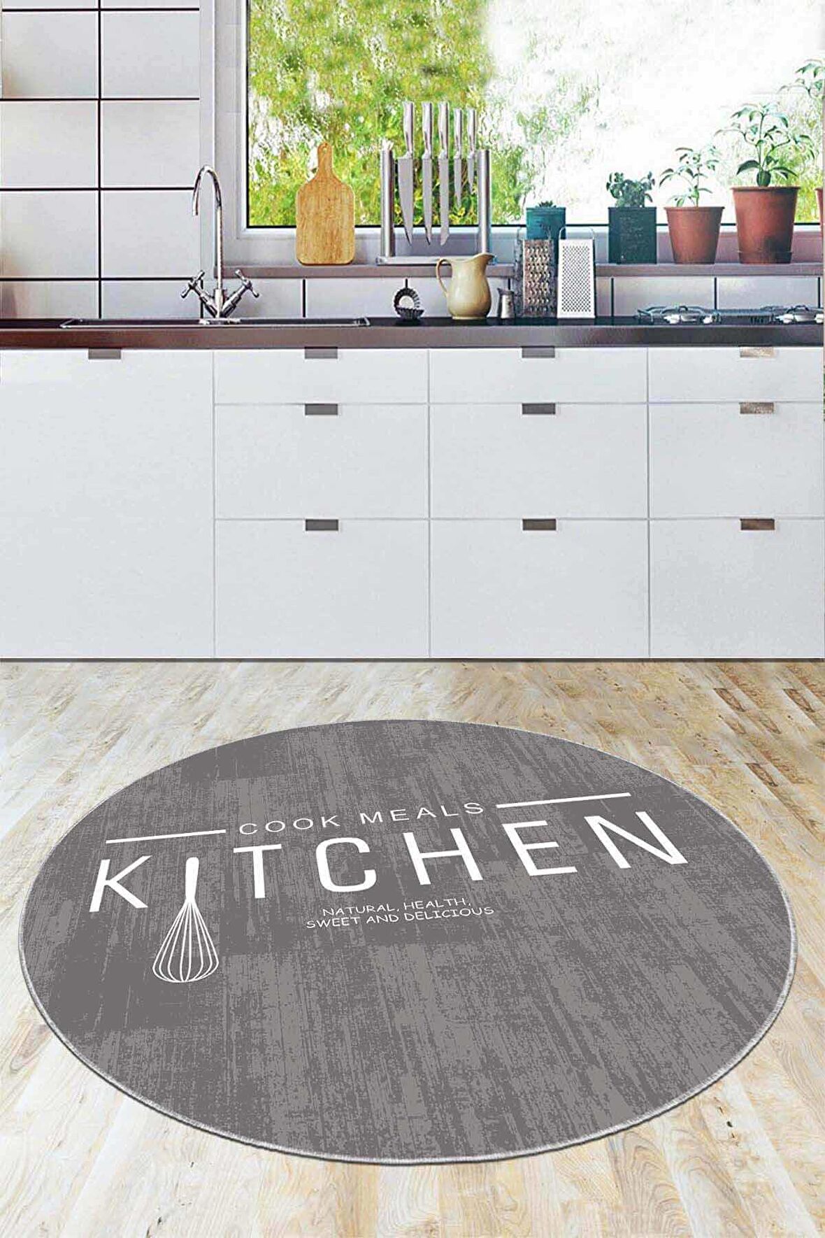 Gri Kaymaz Taban Kitchen Yazılı Yuvarlak Mutfak Halısı AR800