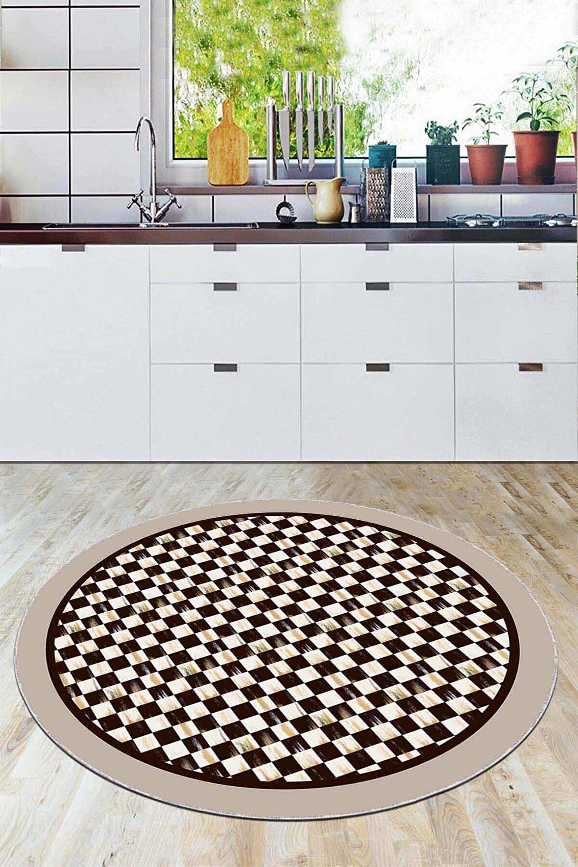 Kahve Kaymaz Tabanlı Mackenzie Yuvarlak Mutfak Halısı AR876