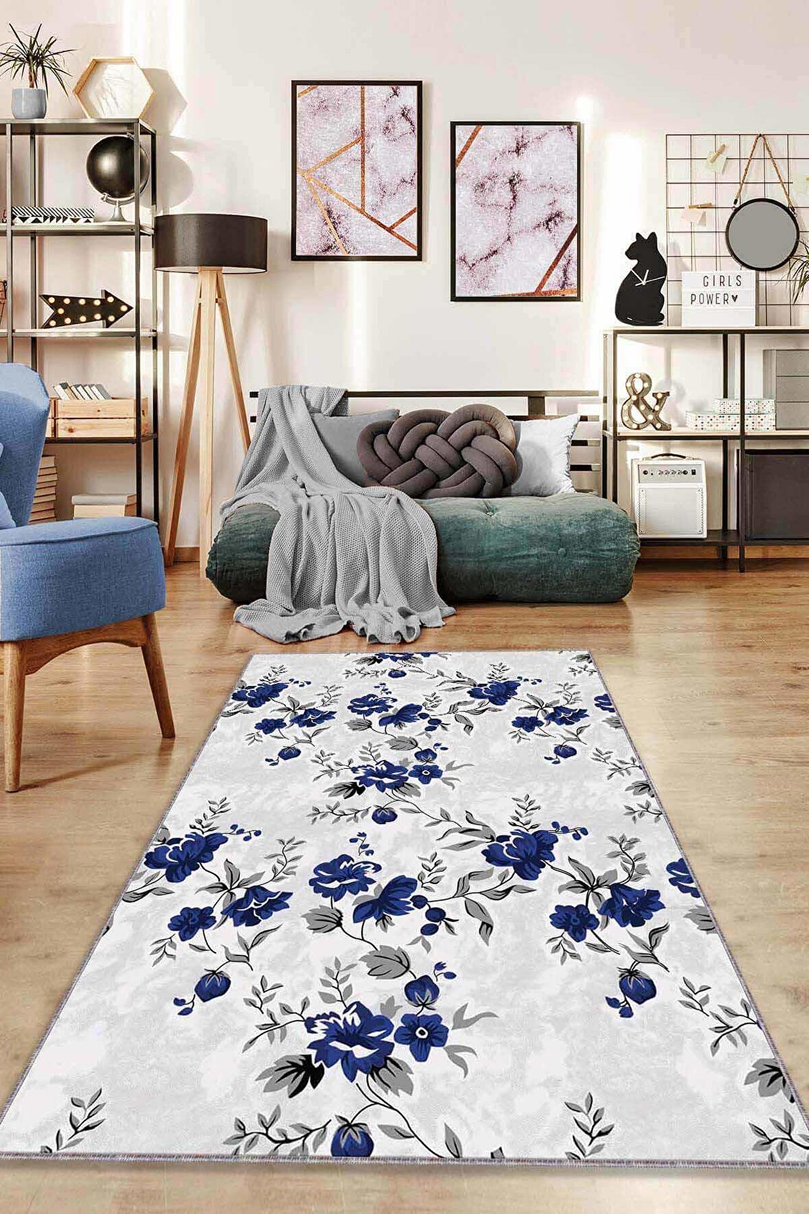 Lacivert Çiçekli Kaymaz Taban Makinede Yıkanabilir Halı BH08