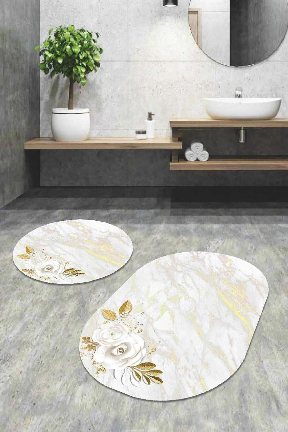 Krem Çiçek Desen Banyo Halısı Klozet Oval Paspas Seti BS061