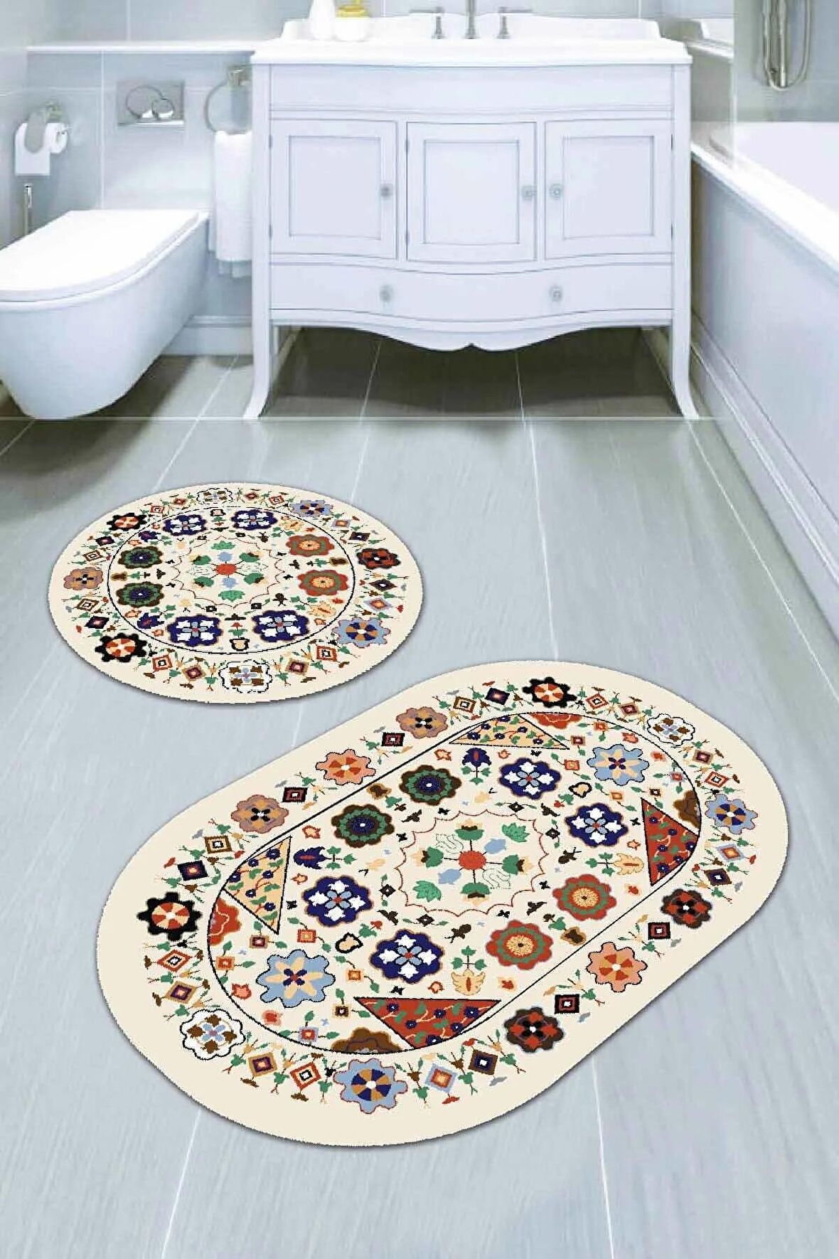 Krem Etnik Desen Banyo Halısı Klozet Oval Paspas Seti BS082