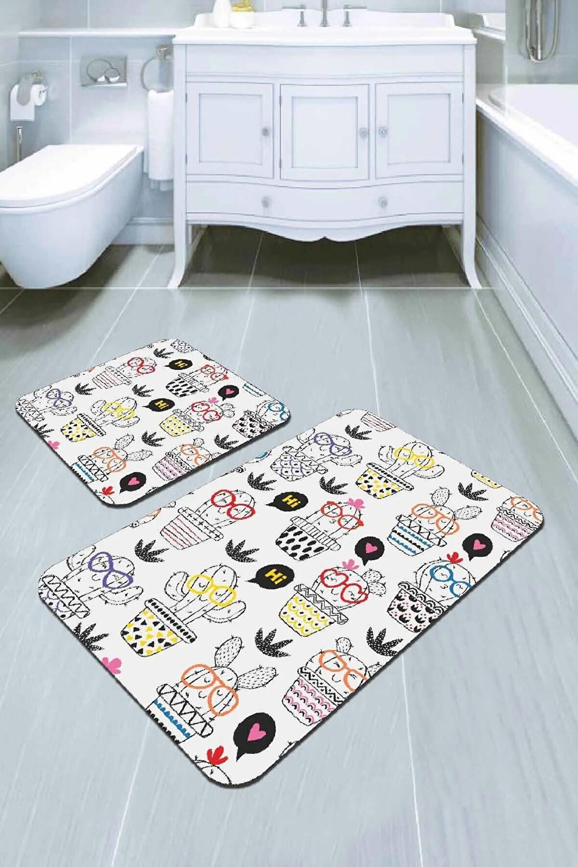 Renkli Kaktüslü Desen Banyo Halısı Klozet Paspas Seti BS248