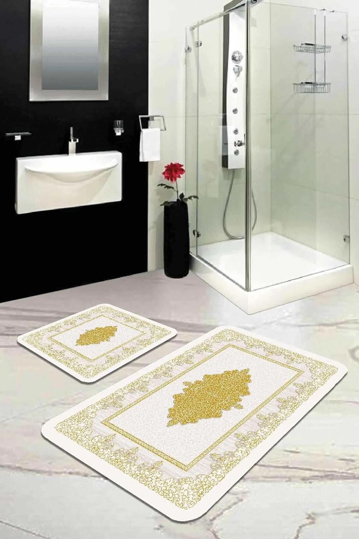 Gold Modern Klasik Banyo Halısı Klozet Paspas Seti BS282