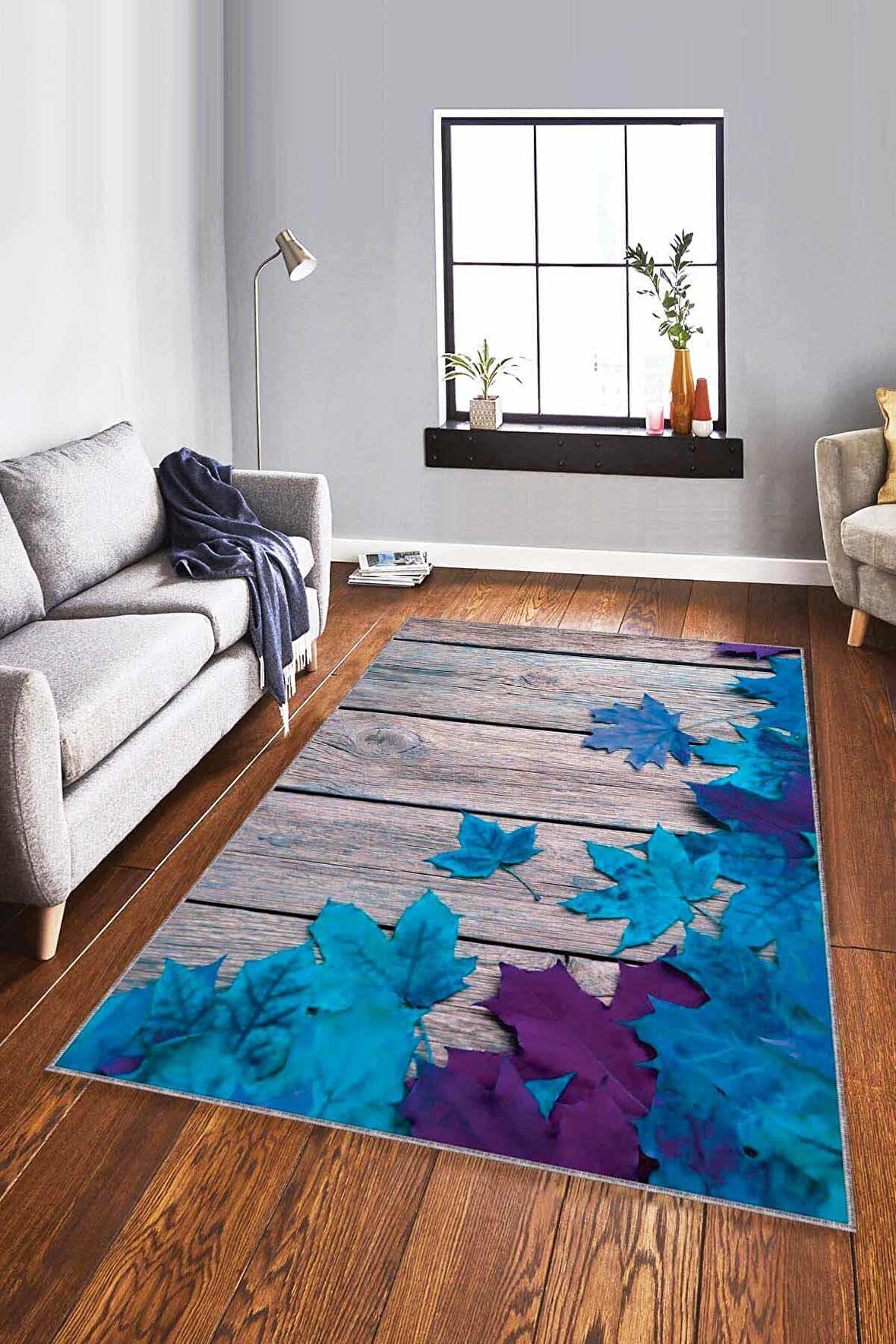 Mavi Çınar 3D Kaymaz Tabanlı Makinede Yıkanabilir Halı CNR04