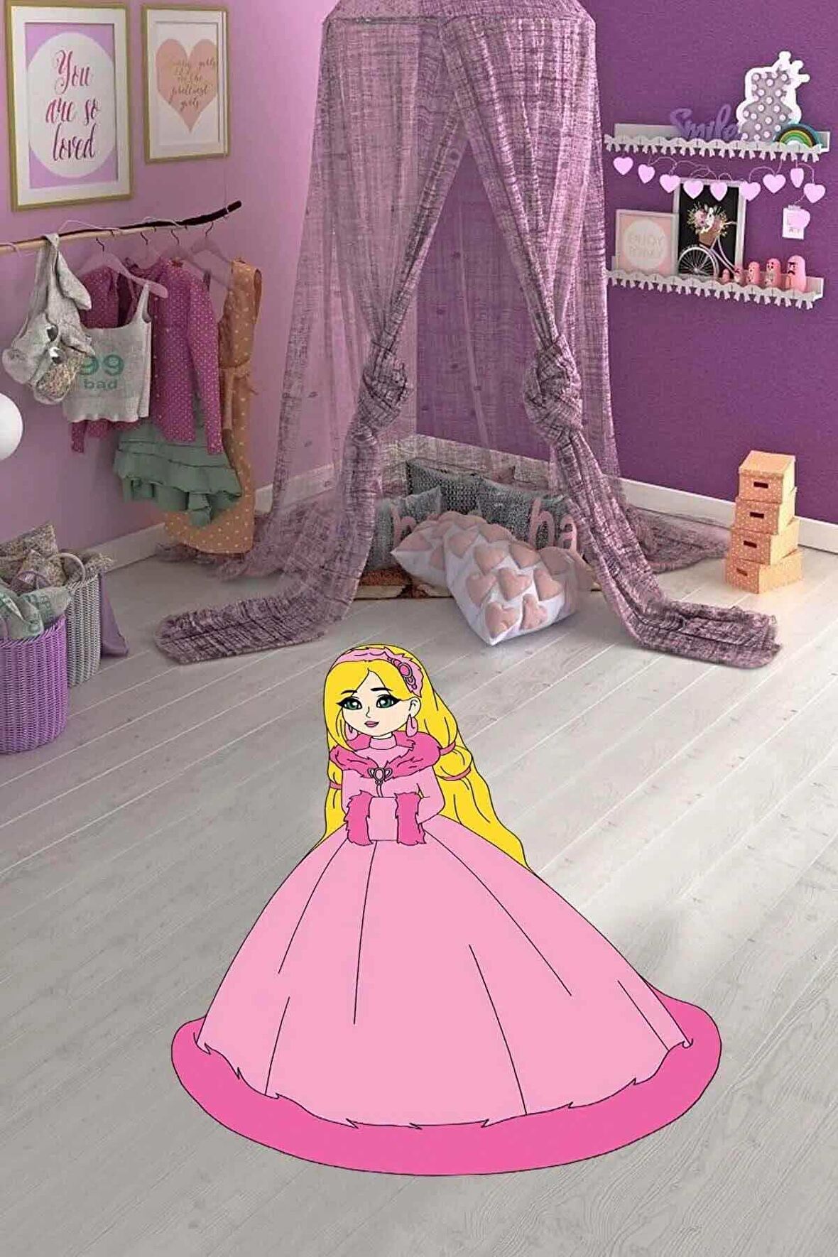 Pembe Kaymaz Taban Prensesli Lazer Kesim Çocuk Halısı KD091