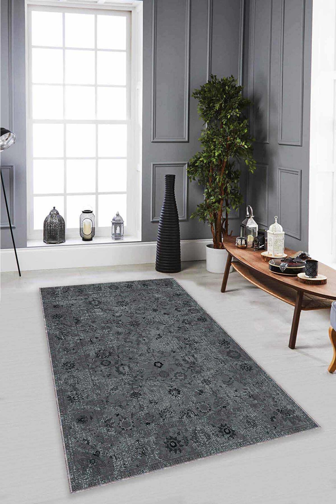 Gri Vintage Kaymaz Tabanlı Makinede Yıkanabilir Halı KR032