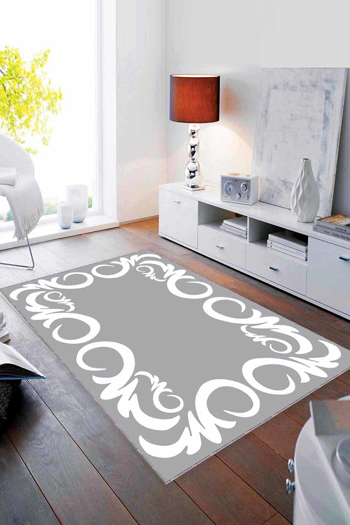 Gri Çerçeveli Kaymaz Tabanlı Makinede Yıkanabilir Halı MK18