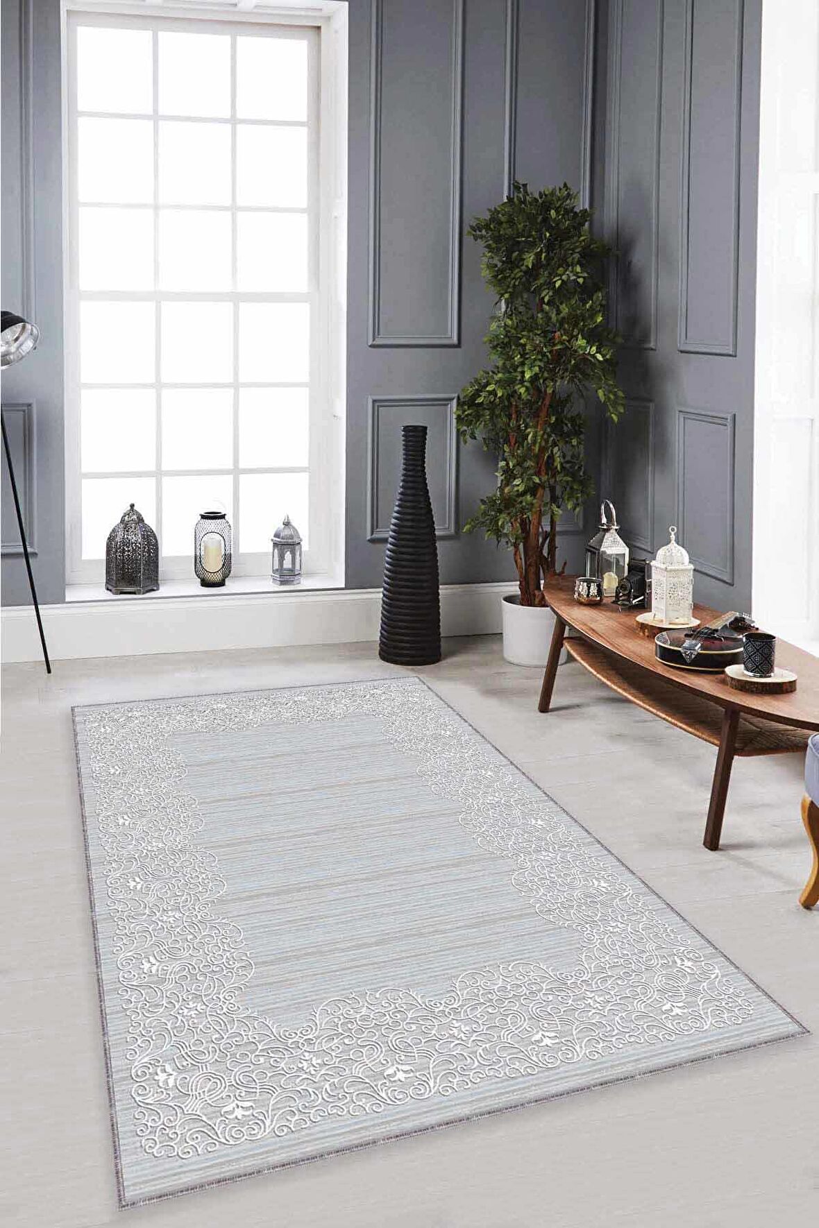 Gri Çerçeveli Kaymaz Tabanlı Makinede Yıkanabilir Halı MK53