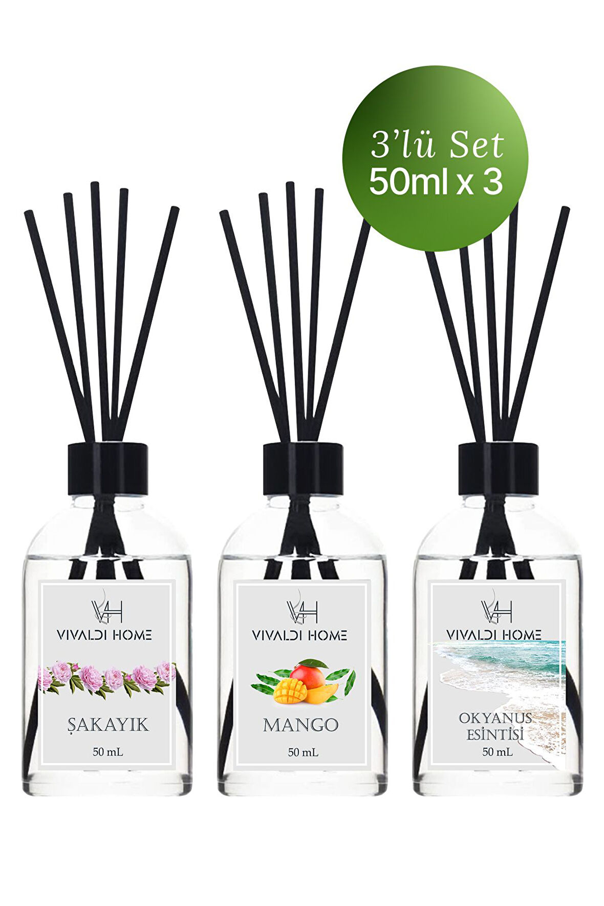 Şakayık, Mango, Okyanus Esintisi Çubuklu Oda Kokusu Esansiyel Uçucu Yağ 50 ml x 3'lü Set
