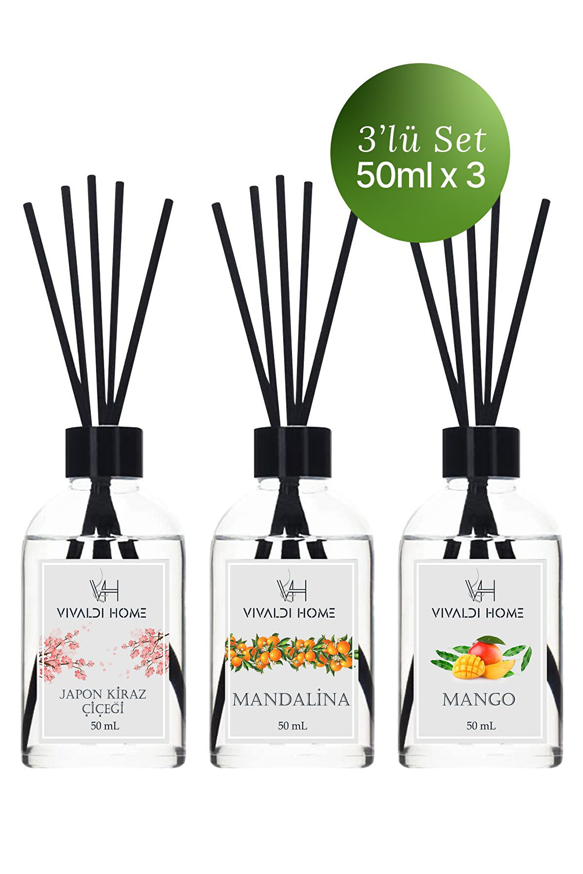 Japon Kiraz Çiçeği, Mandalina, Mango Çubuklu Oda Kokusu Esansiyel Uçucu Yağ 50 ml x 3'lü Set