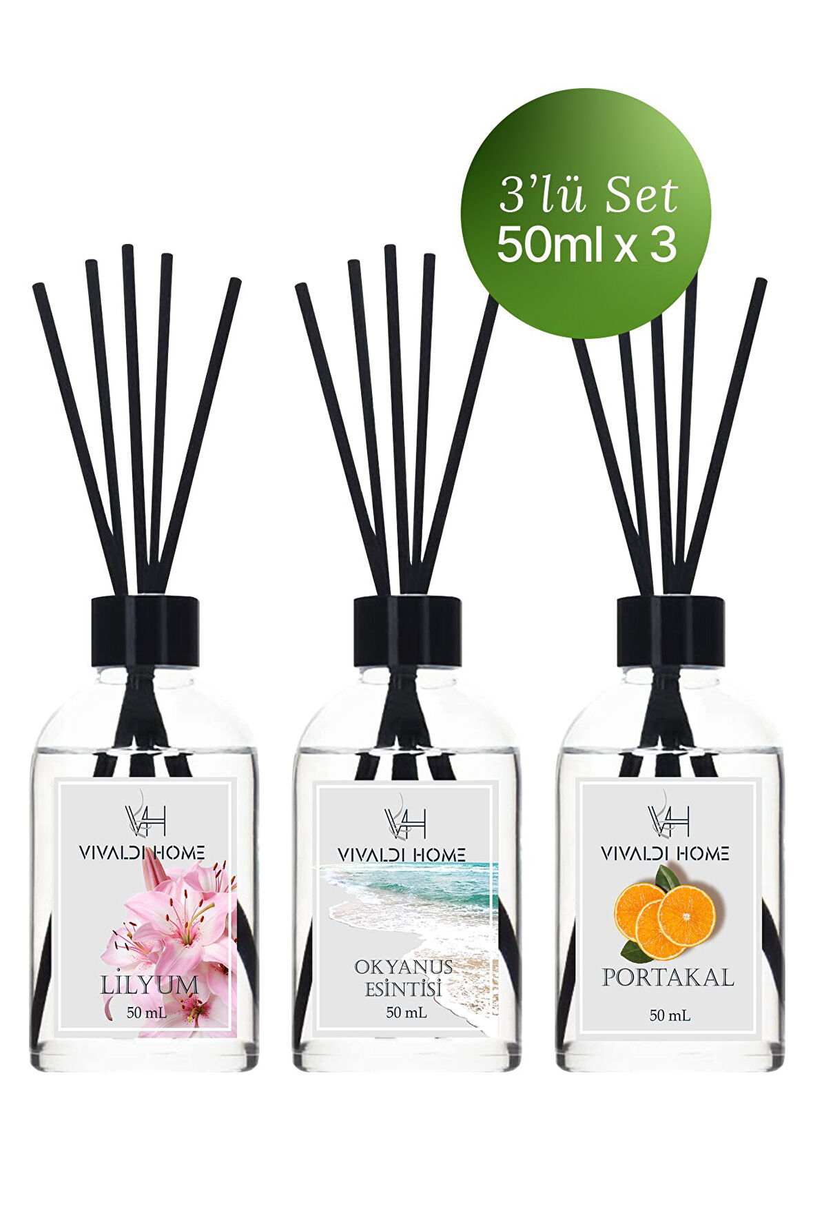 Lilyum, Okyanus Esintisi, Portakal Çubuklu Oda Kokusu Esansiyel Uçucu Yağ 50 ml x 3'lü Set