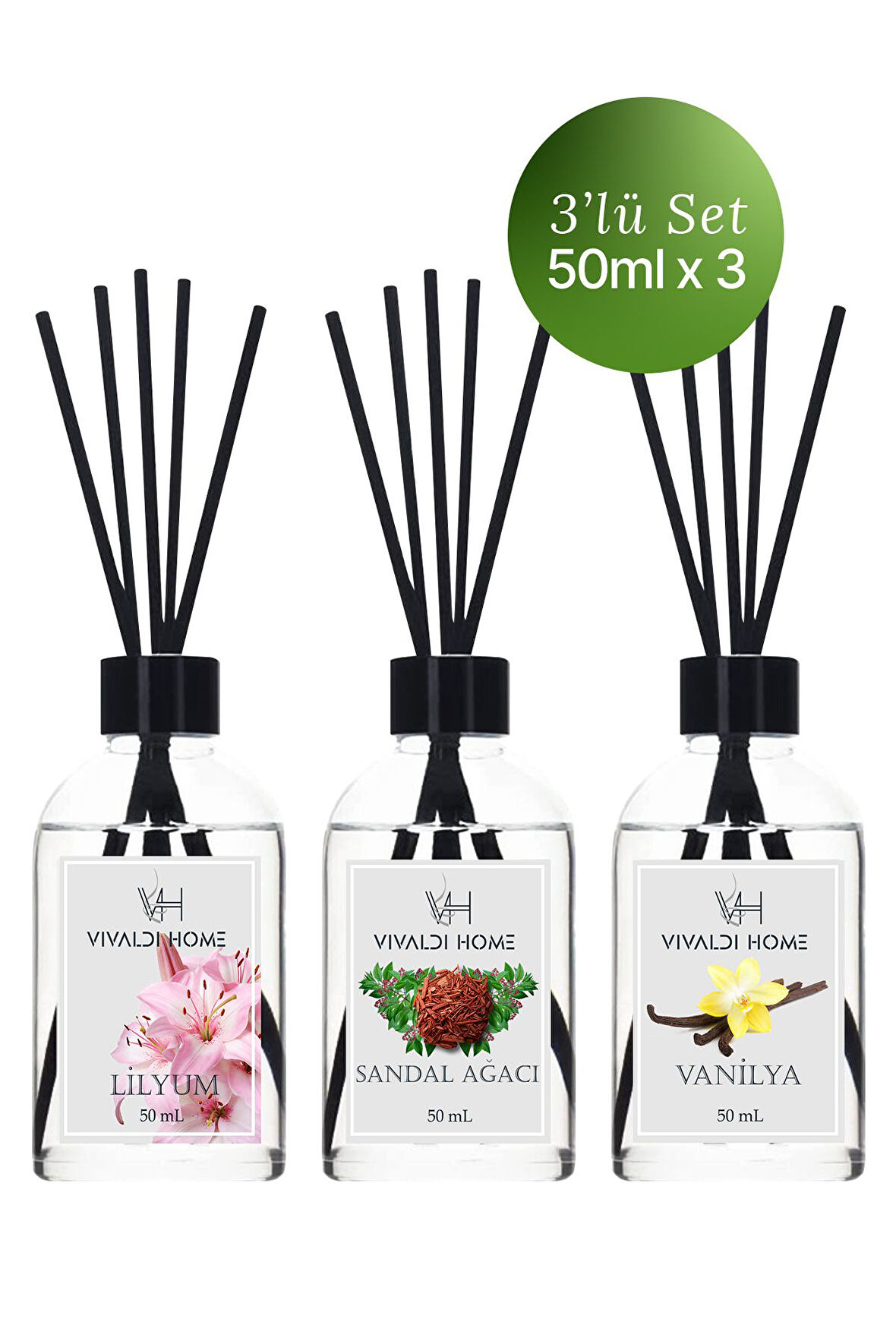 Lilyum, Sandal Ağacı, Vanilya Çubuklu Oda Kokusu Esansiyel Uçucu Yağ 50 ml x 3'lü Set