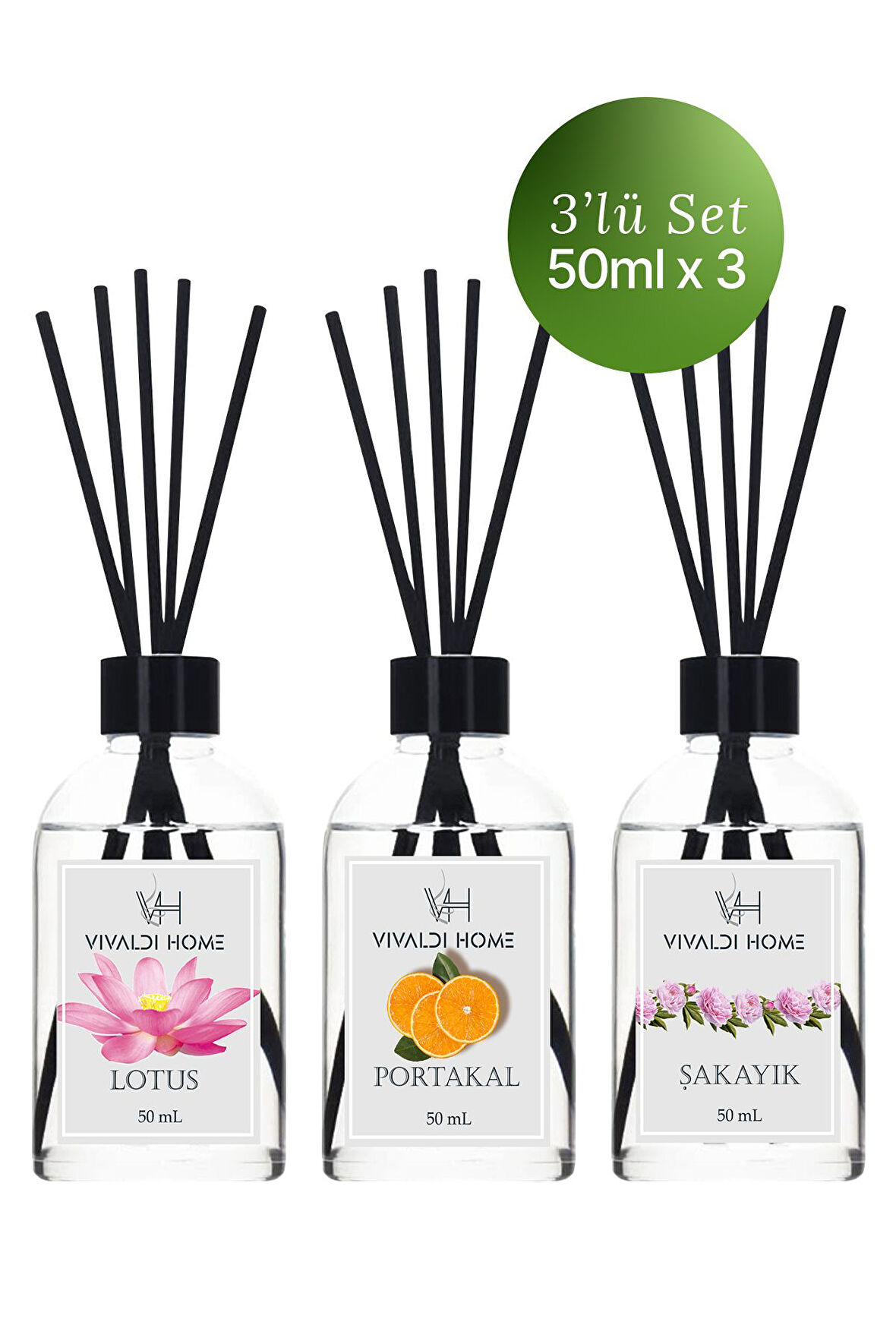 Lotus, Portakal, Şakayık Çubuklu Oda Kokusu Esansiyel Uçucu Yağ 50 ml x 3'lü Set
