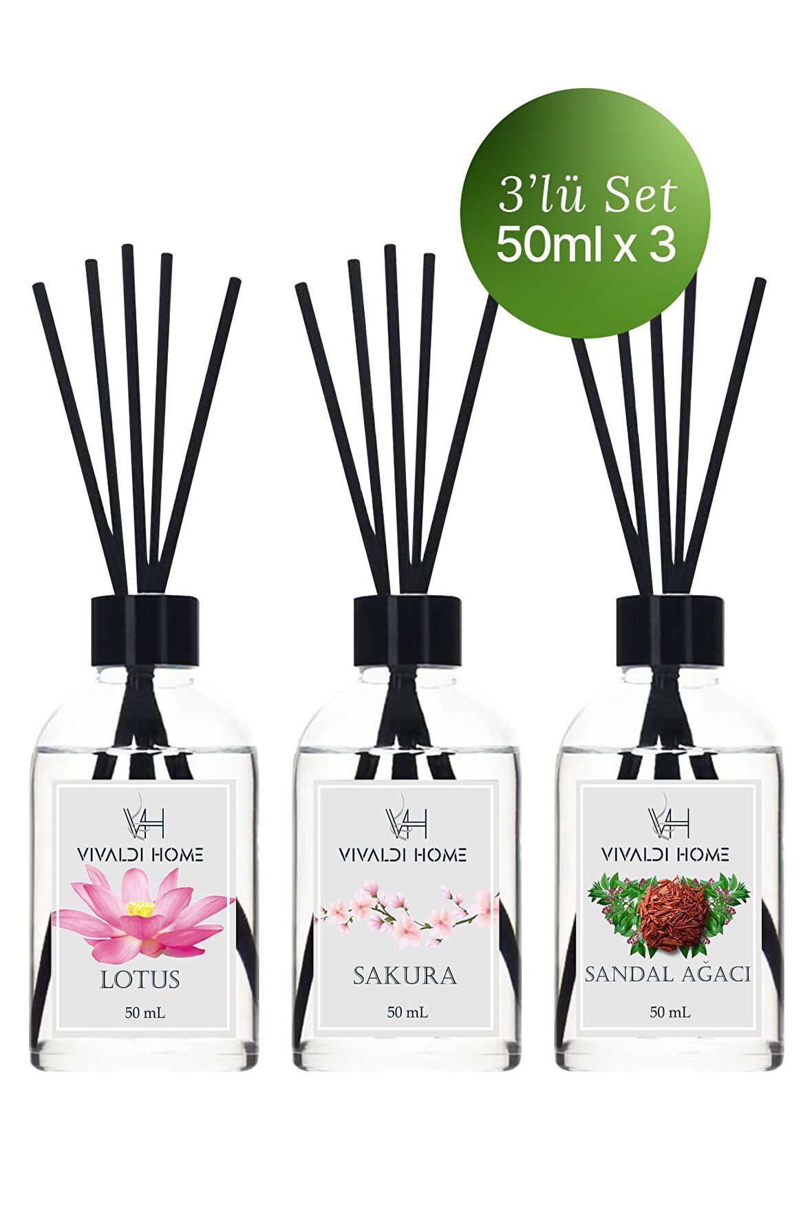 Lotus, Sakura, Sandal Ağacı Çubuklu Oda Kokusu Esansiyel Uçucu Yağ 50 ml x 3'lü Set