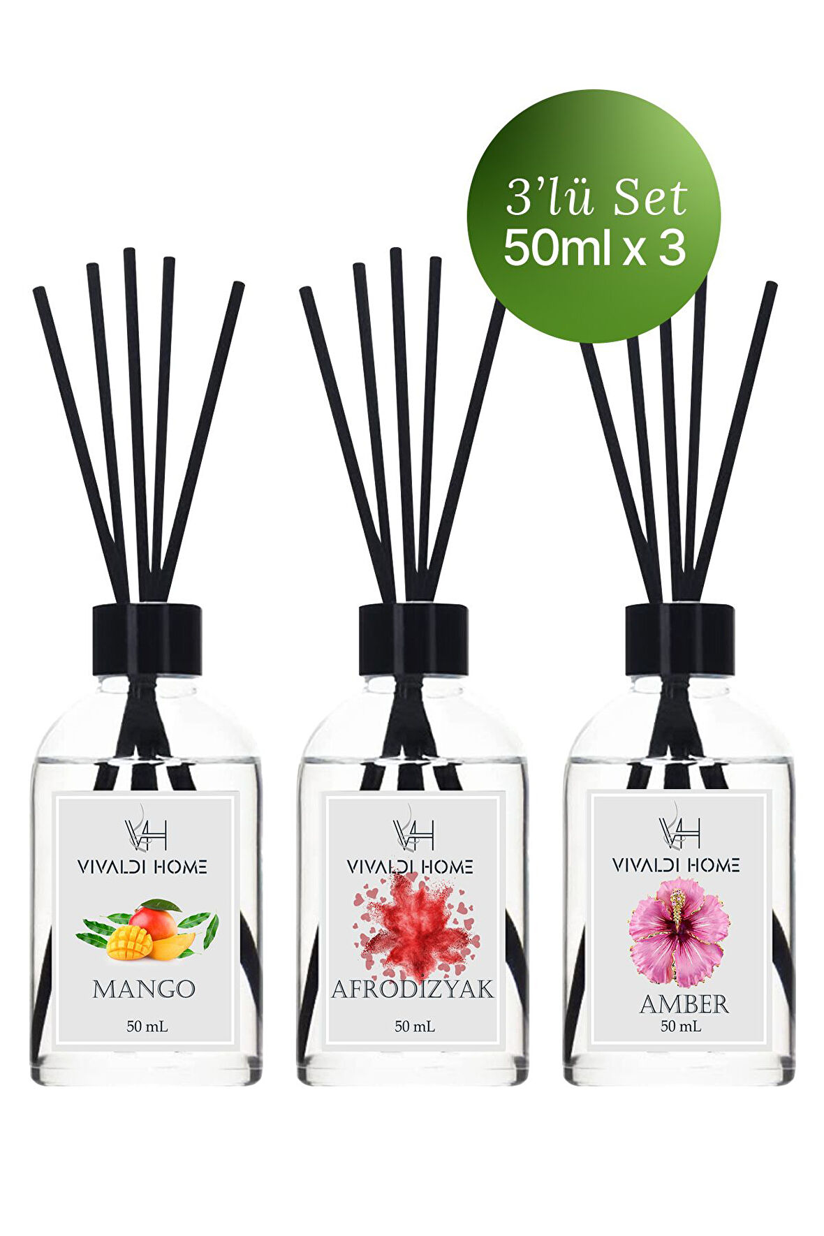 Mango, Afrodizyak, Amber Çubuklu Oda Kokusu Esansiyel Uçucu Yağ 50 ml x 3'lü Set