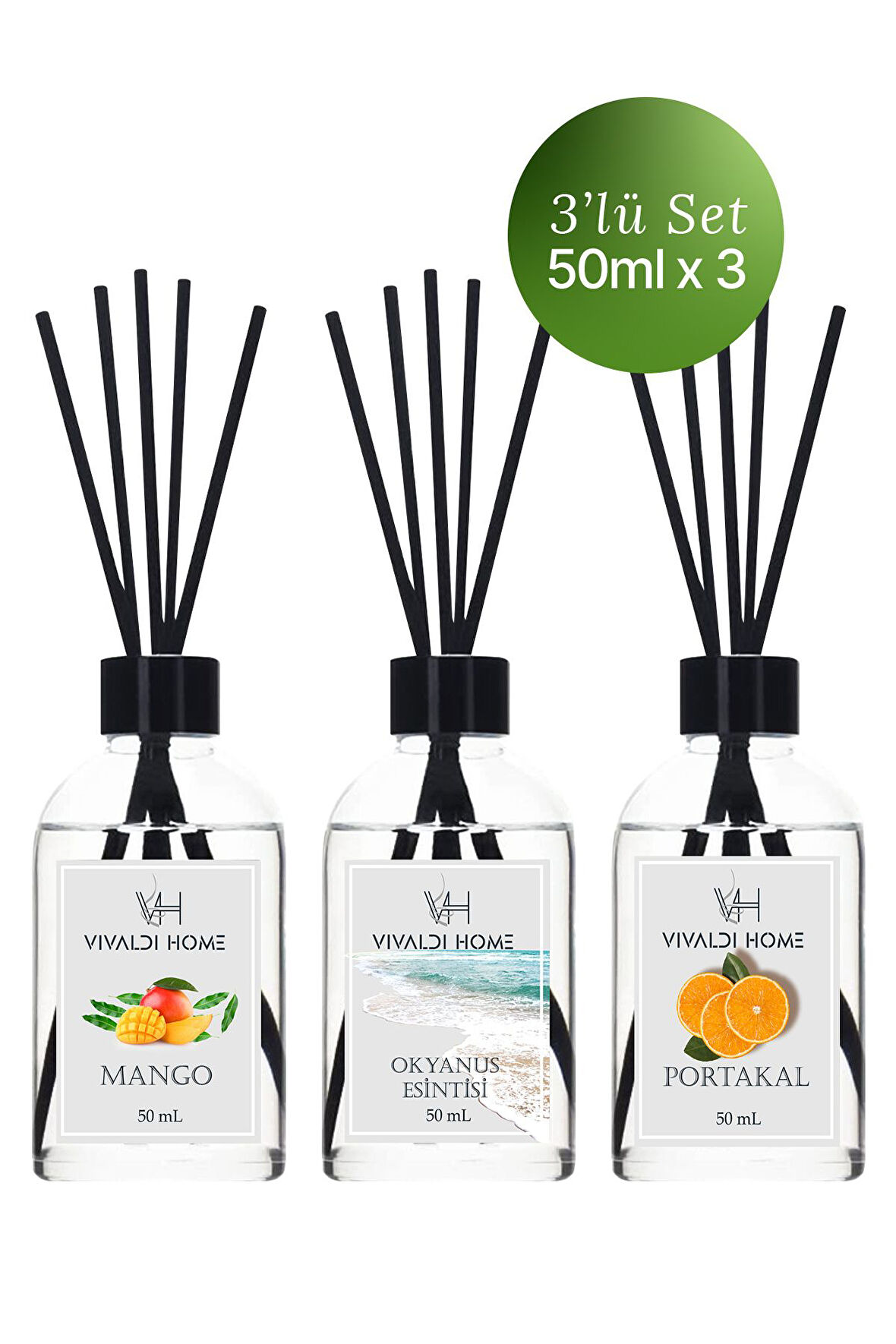 Mango, Okyanus Esintisi, Portakal Çubuklu Oda Kokusu Esansiyel Uçucu Yağ 50 ml x 3'lü Set