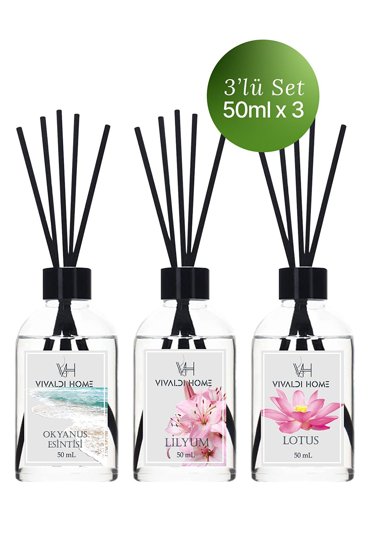 Okyanus Esintisi, Lilyum, Lotus Çubuklu Oda Kokusu Esansiyel Uçucu Yağ 50 ml x 3'lü Set