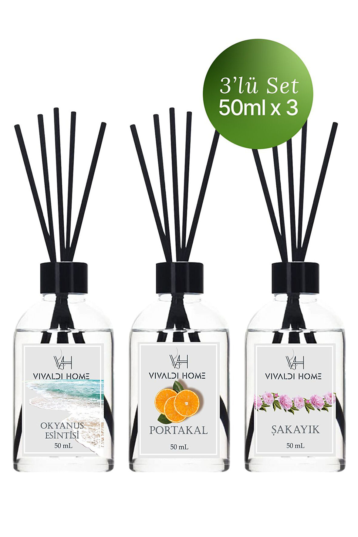 Okyanus Esintisi, Portakal, Şakayık Çubuklu Oda Kokusu Esansiyel Uçucu Yağ 50 ml x 3'lü Set