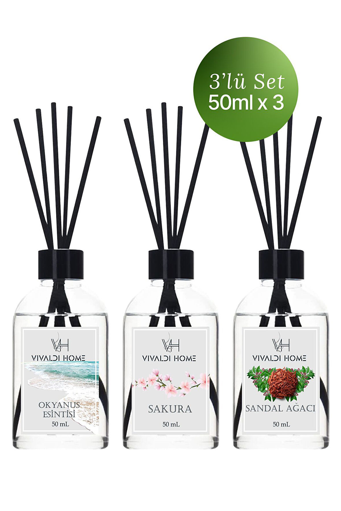 Okyanus Esintisi, Sakura, Sandal Ağacı Çubuklu Oda Kokusu Esansiyel Uçucu Yağ 50 ml x 3'lü Set