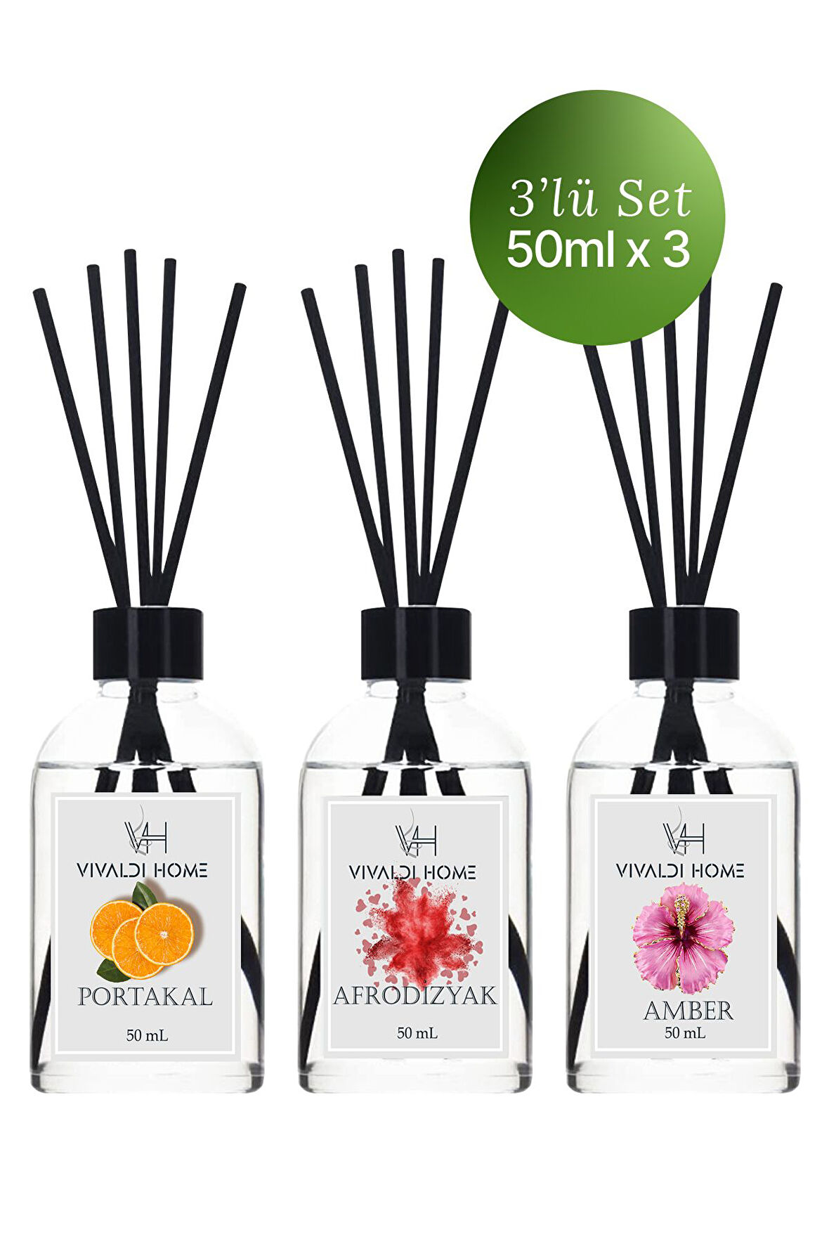 Portakal, Afrodizyak, Amber Çubuklu Oda Kokusu Esansiyel Uçucu Yağ 50 ml x 3'lü Set