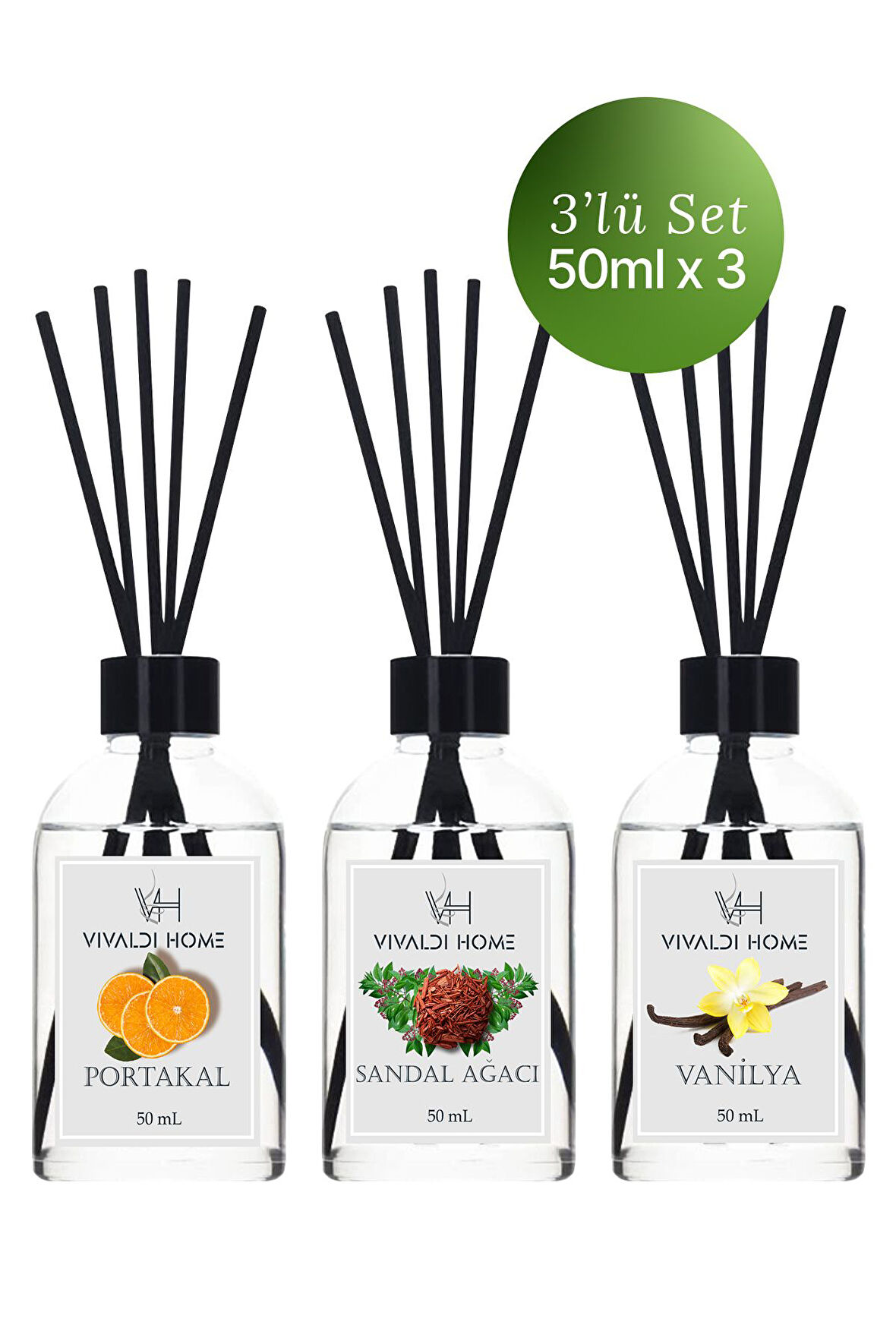 Portakal, Sandal Ağacı, Vanilya Çubuklu Oda Kokusu Esansiyel Uçucu Yağ 50 ml x 3'lü Set