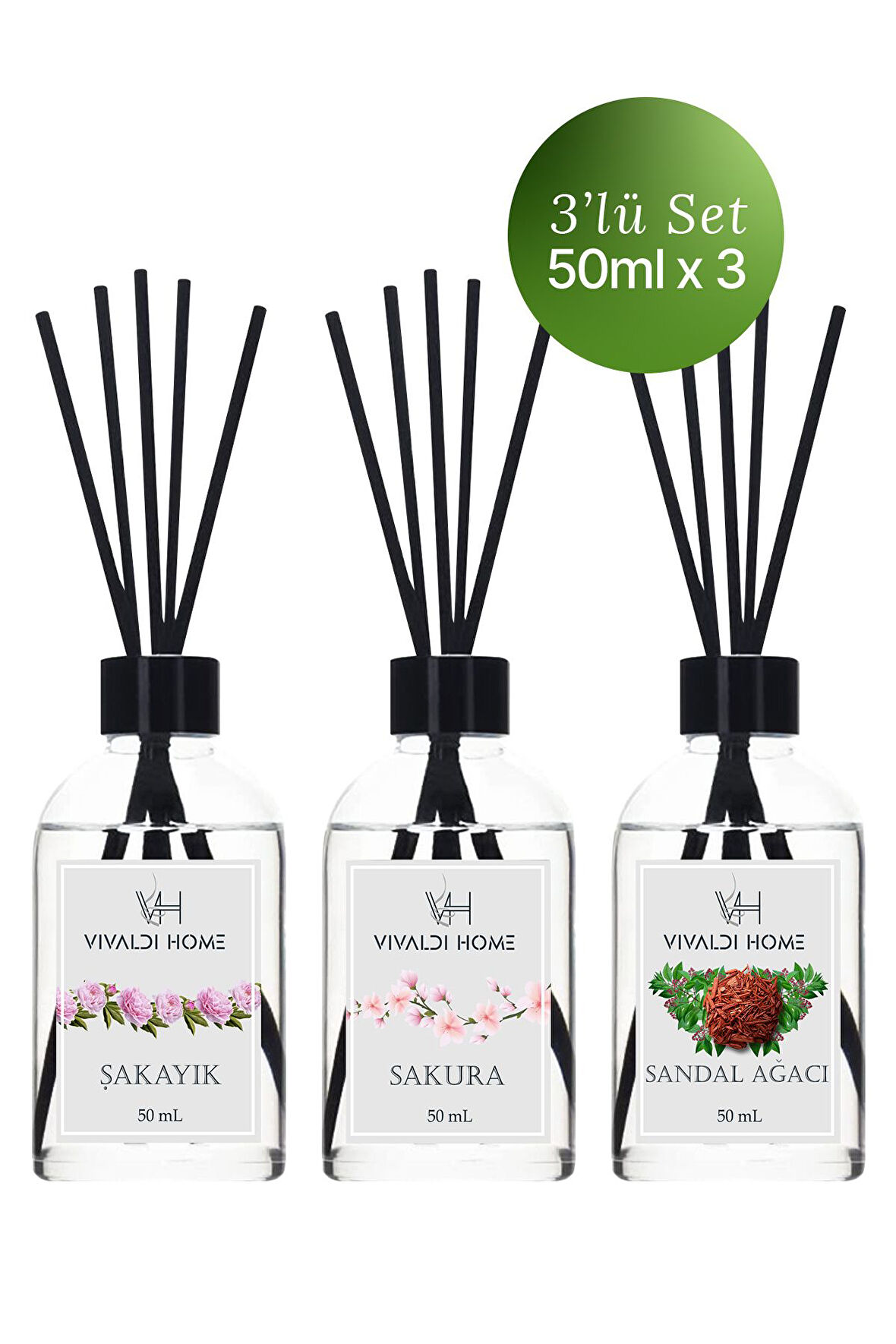 Şakayık, Sakura, Sandal Ağacı Çubuklu Oda Kokusu Esansiyel Uçucu Yağ 50 ml x 3'lü Set