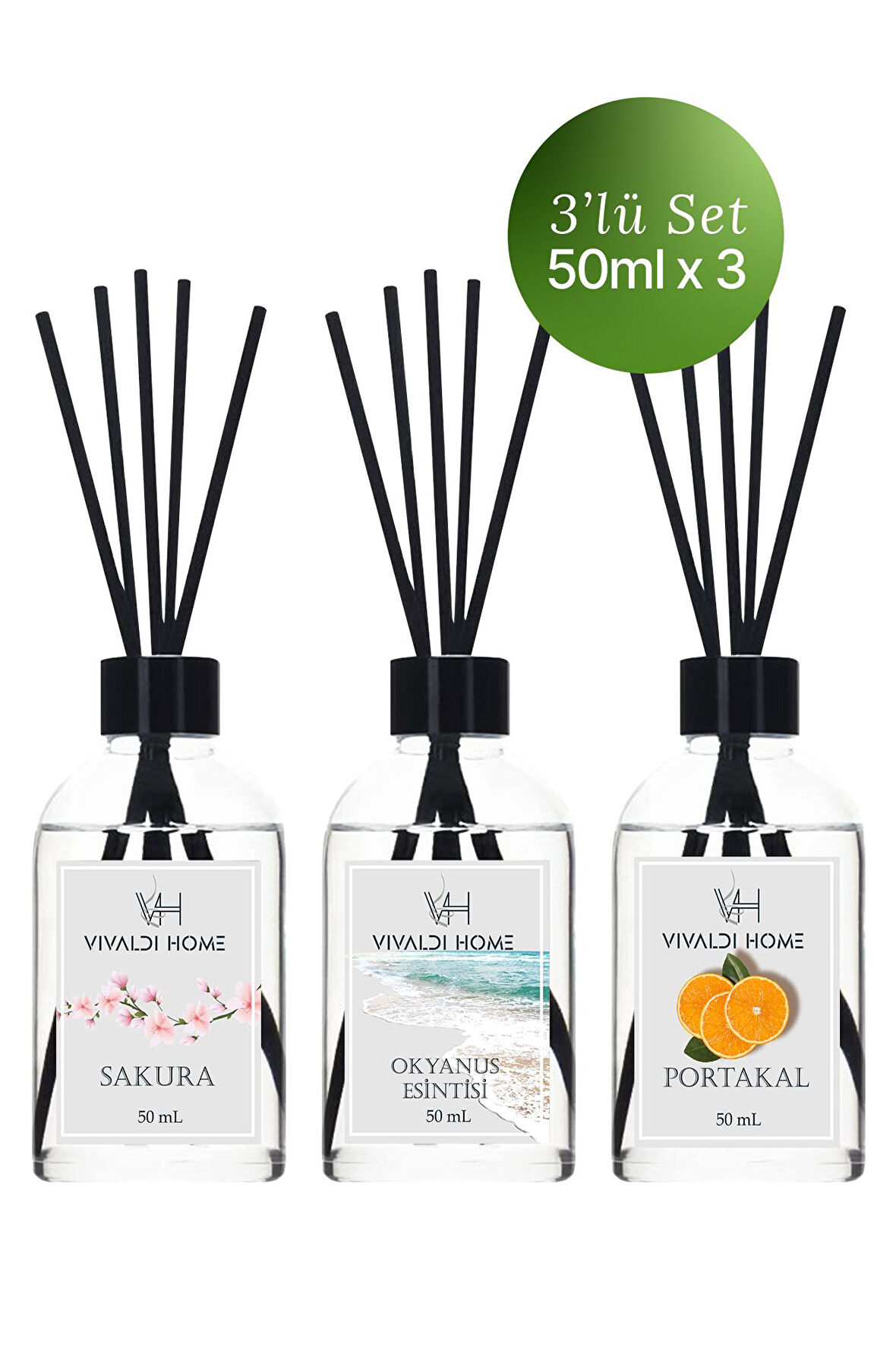 Sakura, Okyanus Esintisi, Portakal Çubuklu Oda Kokusu Esansiyel Uçucu Yağ 50 ml x 3'lü Set