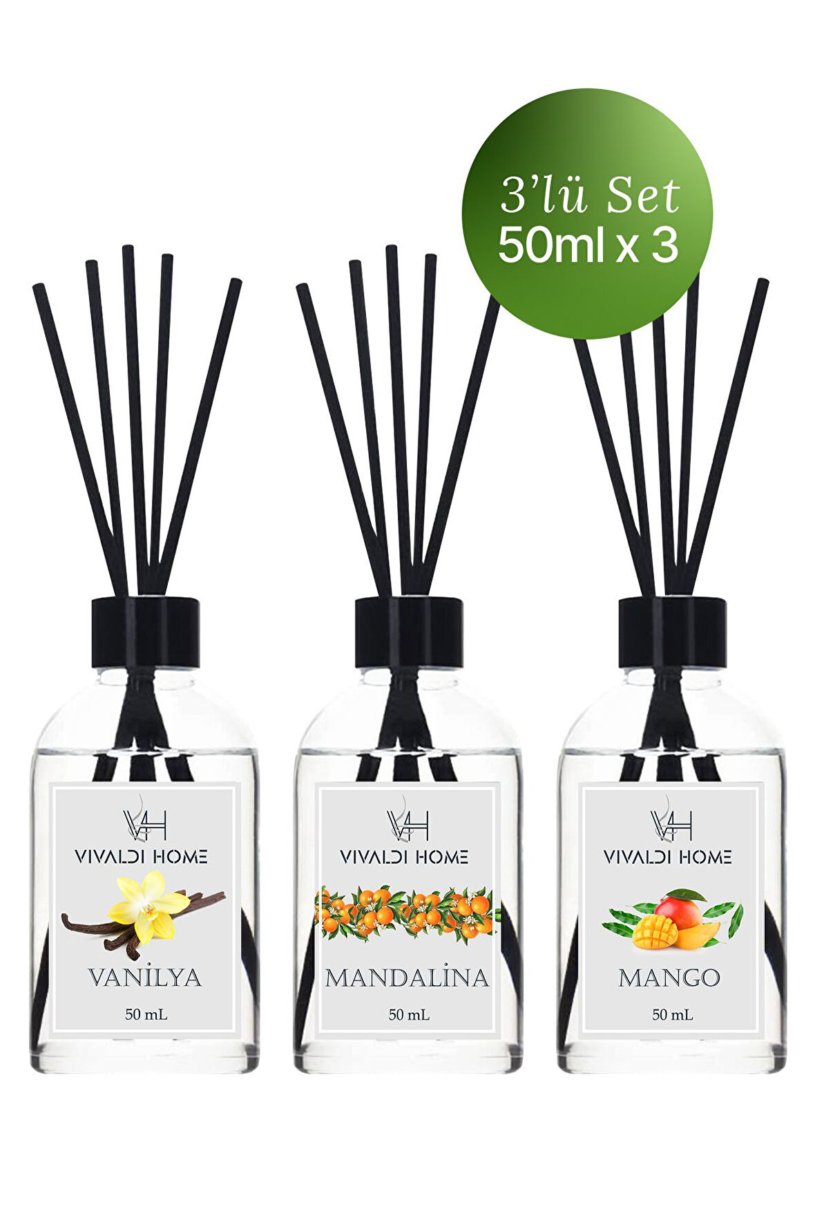 Vanilya, Mandalina, Mango Çubuklu Oda Kokusu Esansiyel Uçucu Yağ 50 ml x 3'lü Set