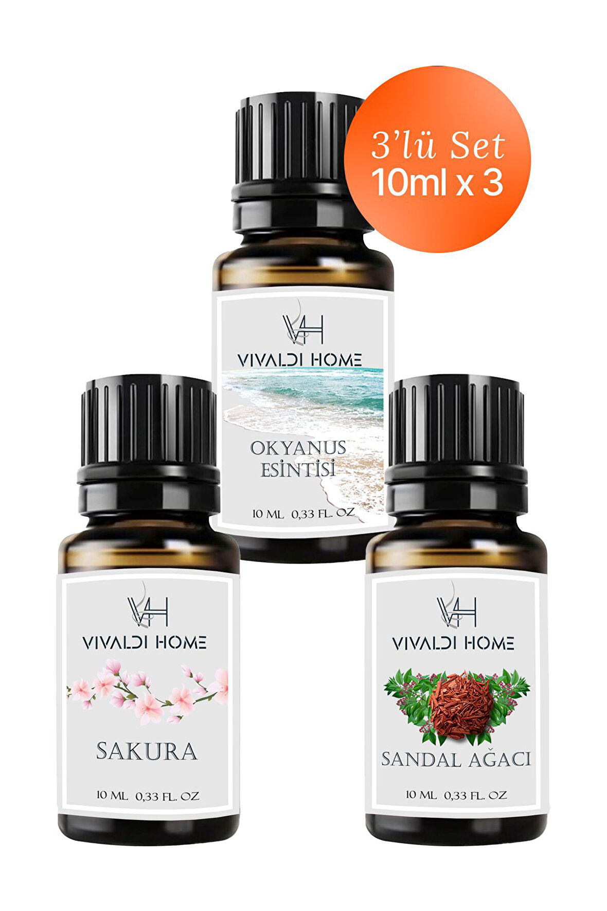 Okyanus Esintisi, Sakura, Sandal Ağacı Uçucu Yağ Buhurdanlık Yağı 10ml x 3'lü Set