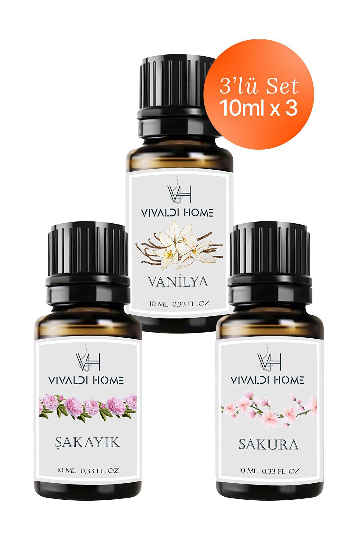 Vanilya, Şakayık, Sakura Uçucu Yağ Buhurdanlık Yağı 10ml x 3'lü Set