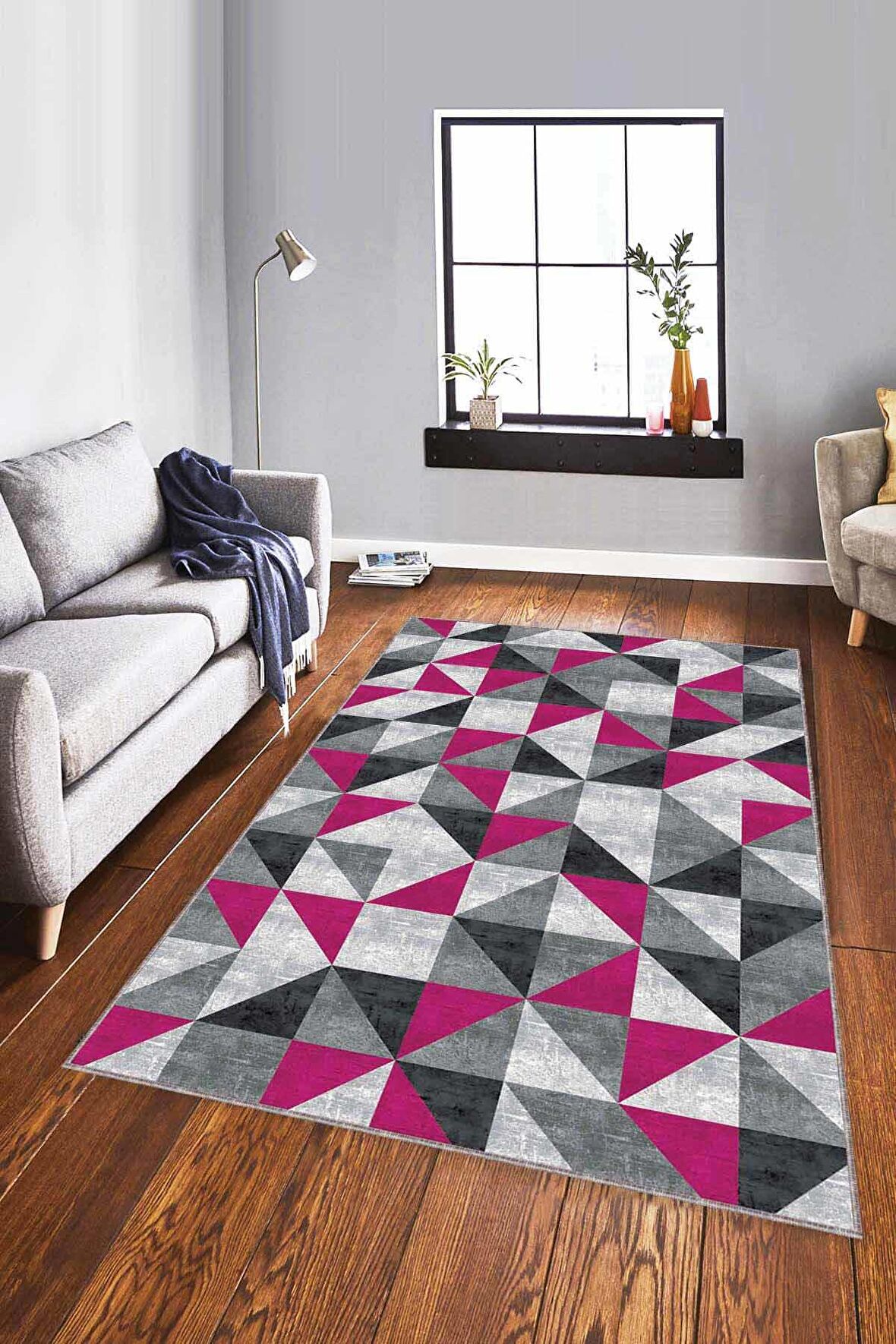 Fuşya Geometrik Kaymaz Taban Makinede Yıkanabilir Halı PR02