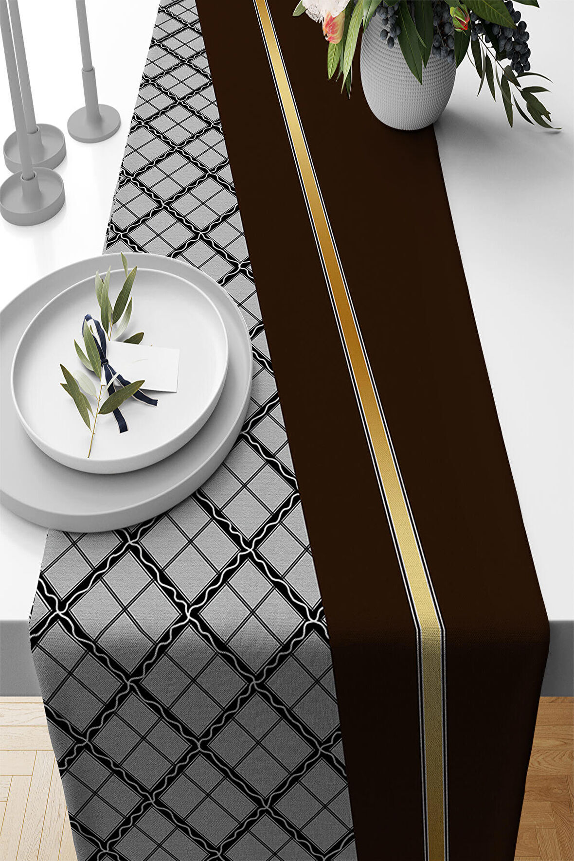 Kahverengi Ekoseli Desen Premium Masa Örtüsü Runner RNR594