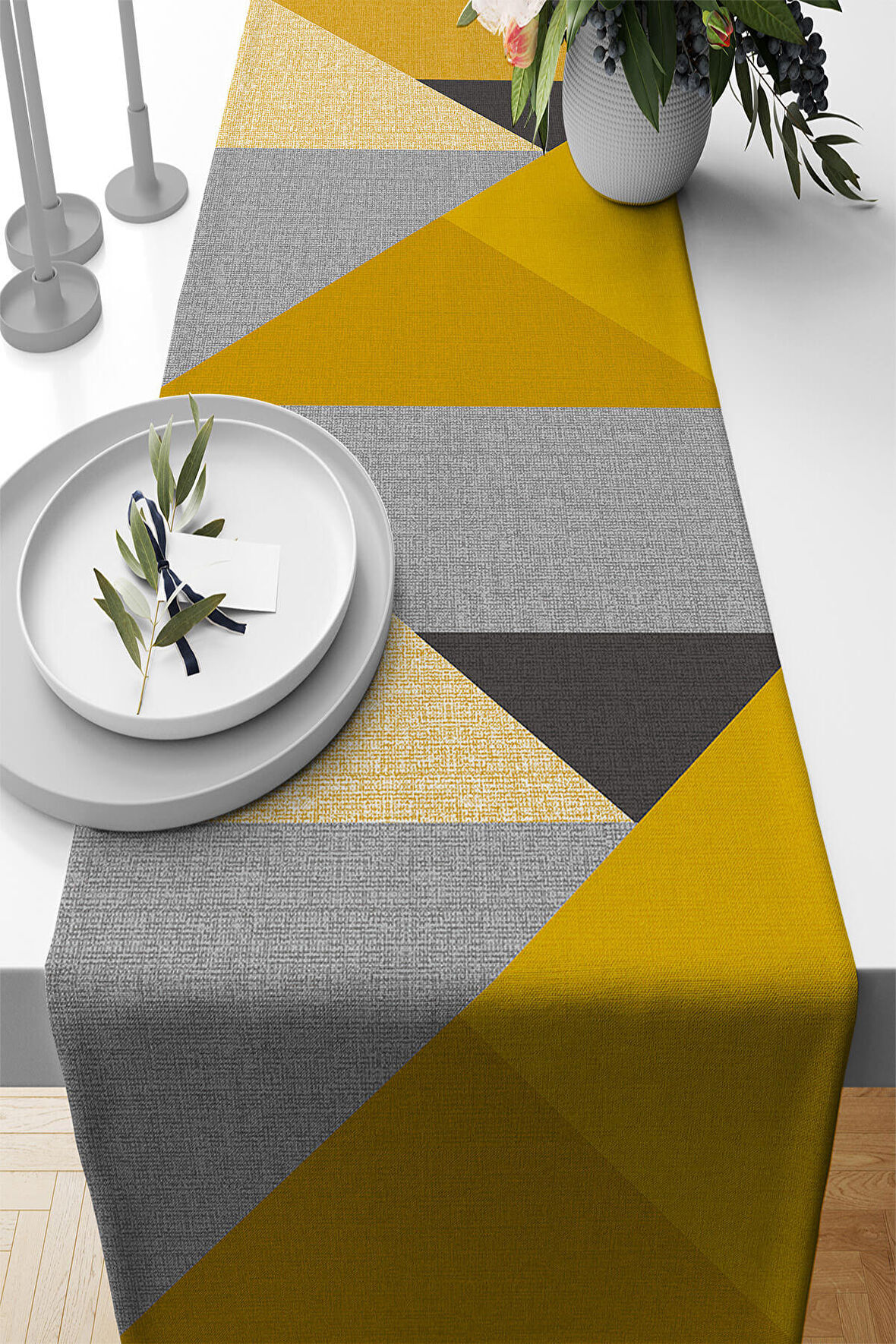 Hardal Geometrik Desenli Premium Masa Örtüsü Runner RNR611