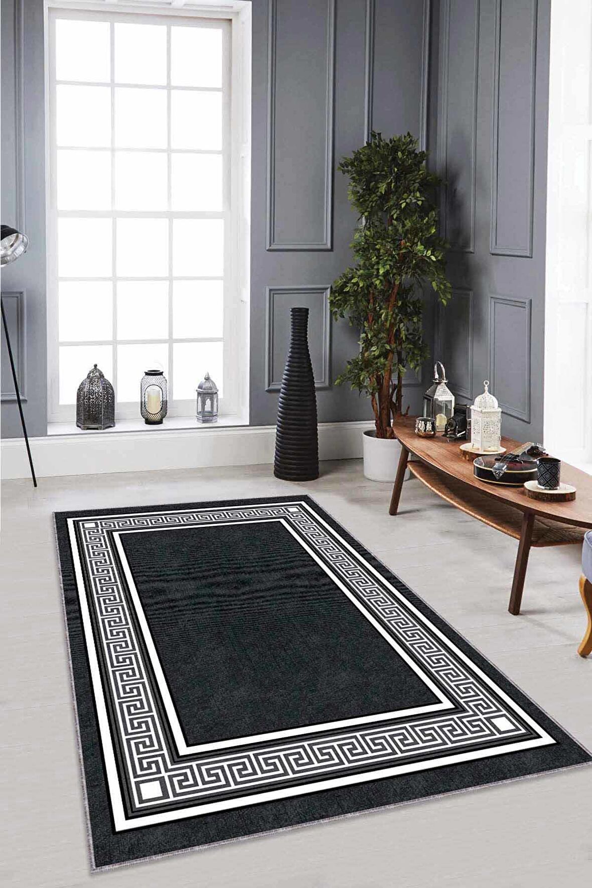 Antrasit Çerçeveli Kaymaz Tabanlı Dekoratif Halı RV030