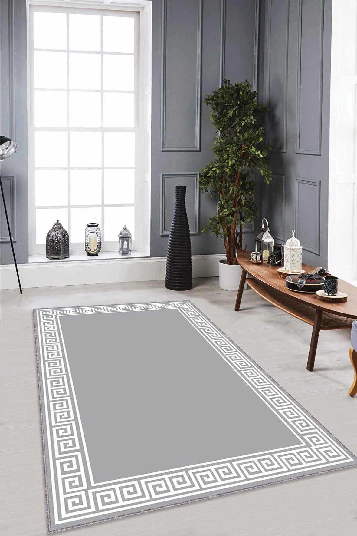 Gri Çerçeveli Kaymaz Tabanlı Makinede Yıkanabilir Halı RV039