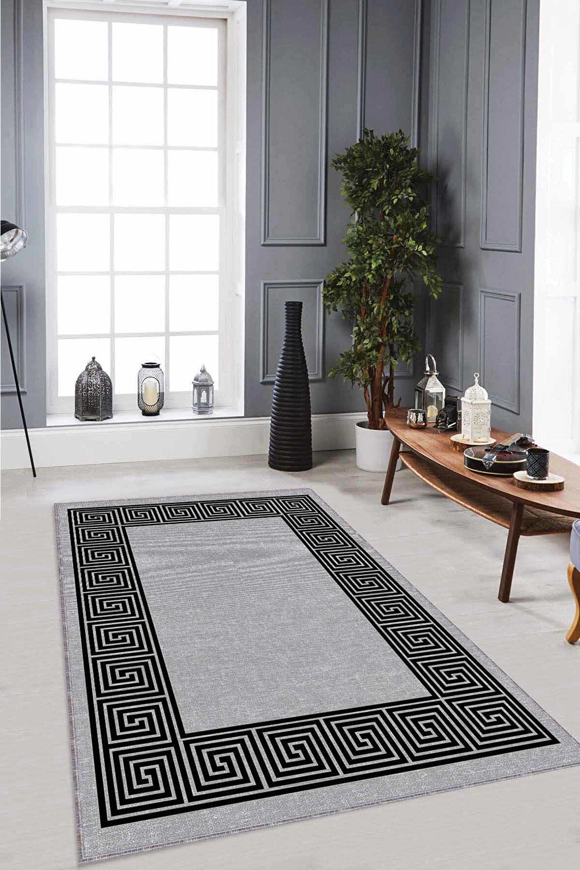 Gri Çerçeveli Kaymaz Tabanlı Makinede Yıkanabilir Halı RV045