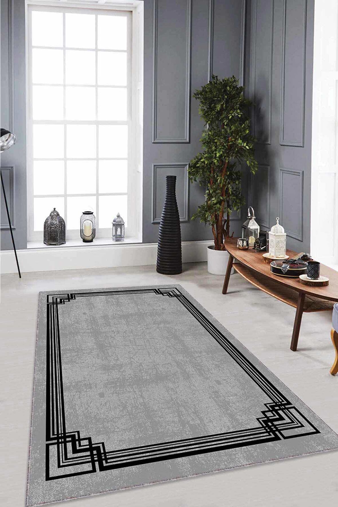 Gri Çerçeveli Kaymaz Tabanlı Makinede Yıkanabilir Halı RV073