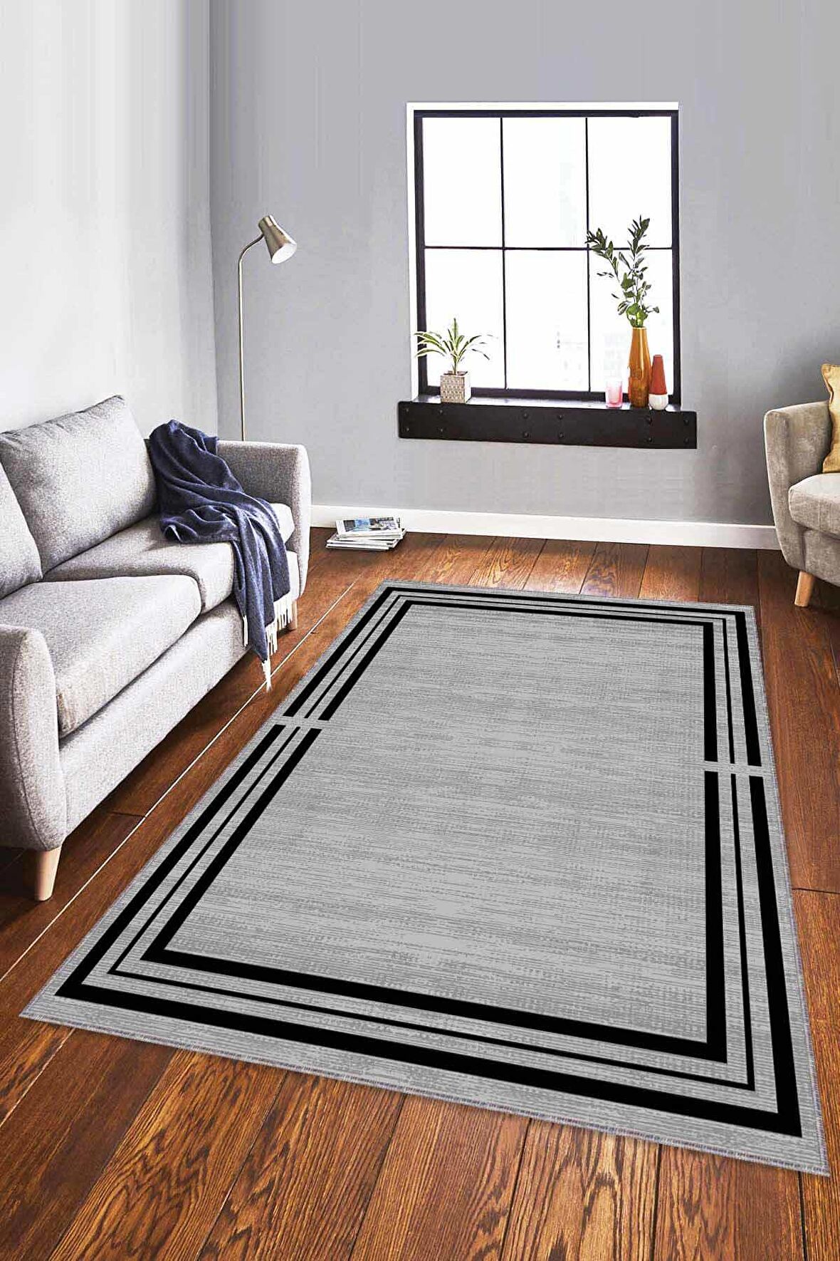 Gri Çerçeveli Kaymaz Tabanlı Makinede Yıkanabilir Halı RV081