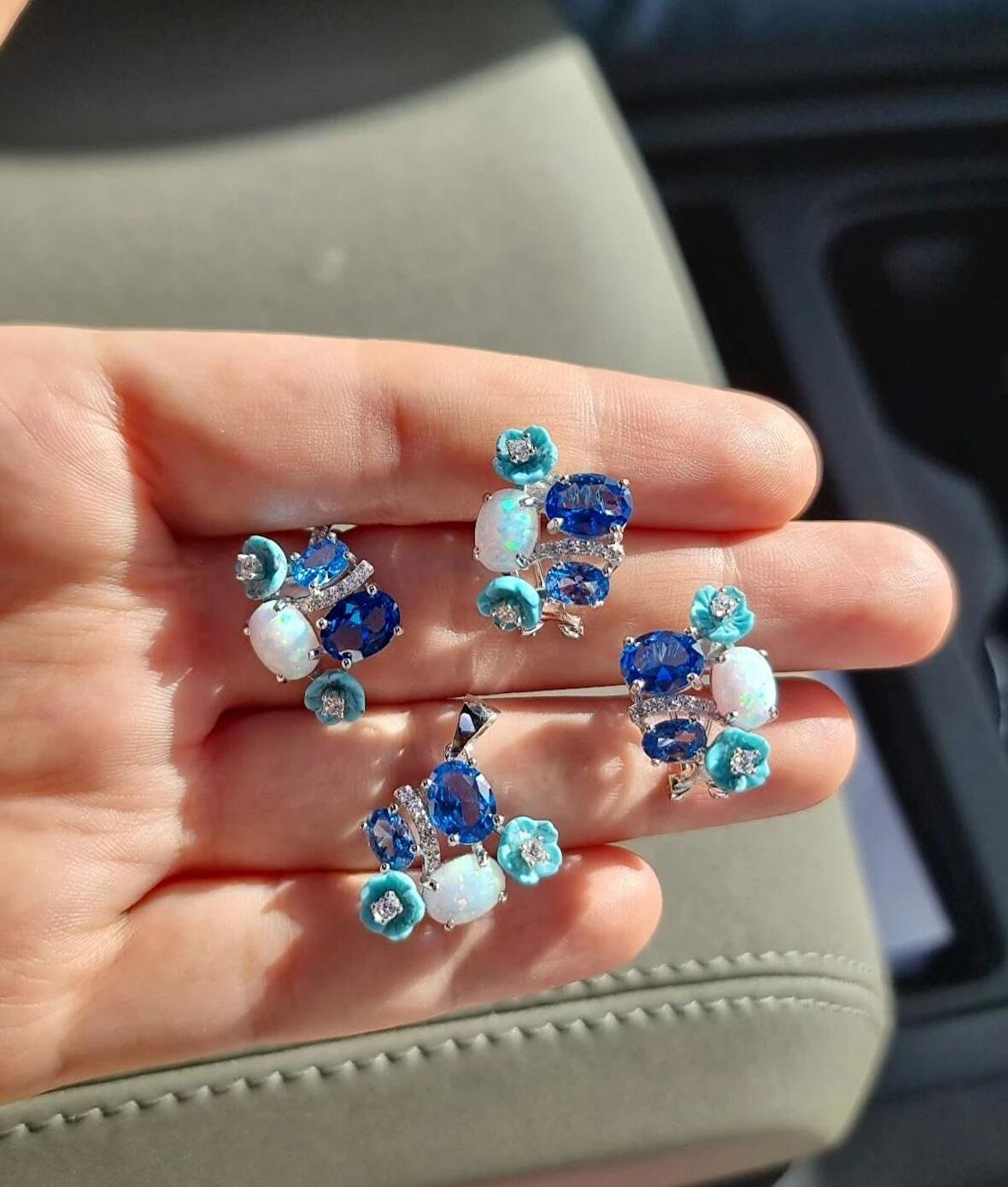 İTHAL OPAL MAVİ ÇİÇEKLİ TASARIM GÜMÜŞ SET