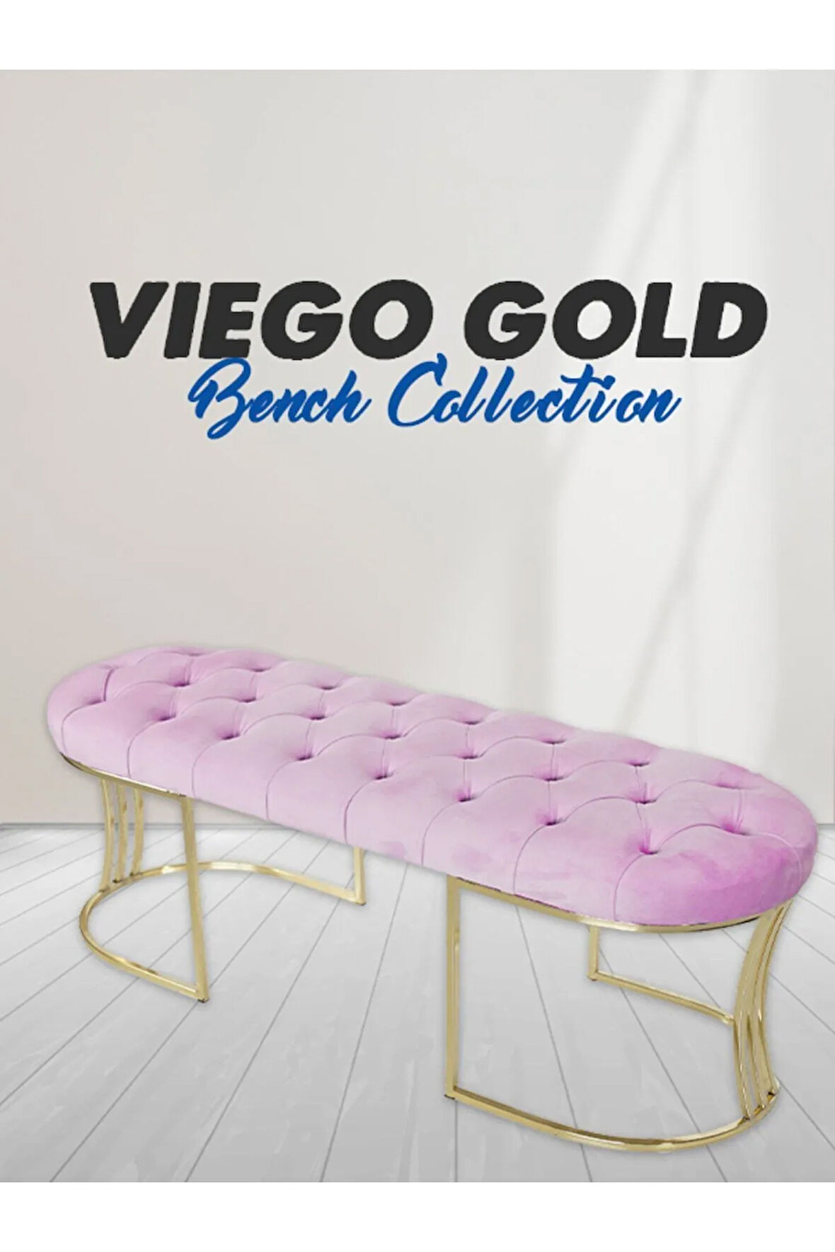 Viego Gold Pembe Puf - Lüks Metal Gold Ayak, Chester Model Yatak Ucu Bench Puf
