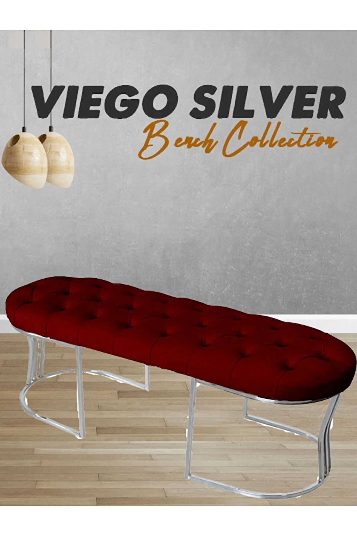 Viego Silver Puf Lüks Metal Gümüş Ayak, Chester Model Yatak Ucu Bordo Bench