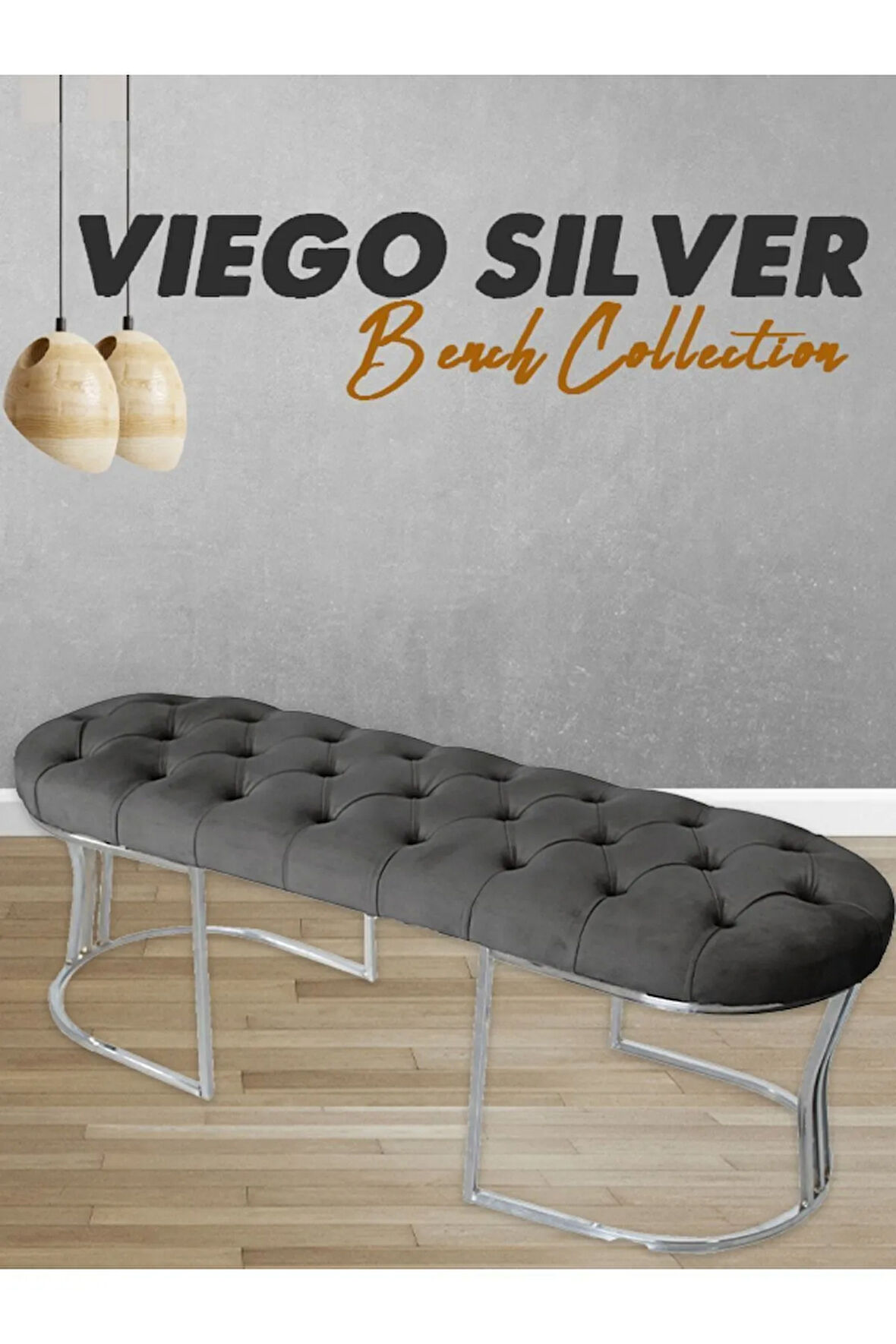 Viego Silver Puf Lüks Metal Gümüş Ayak, Chester Model Yatak Ucu Gri Bench