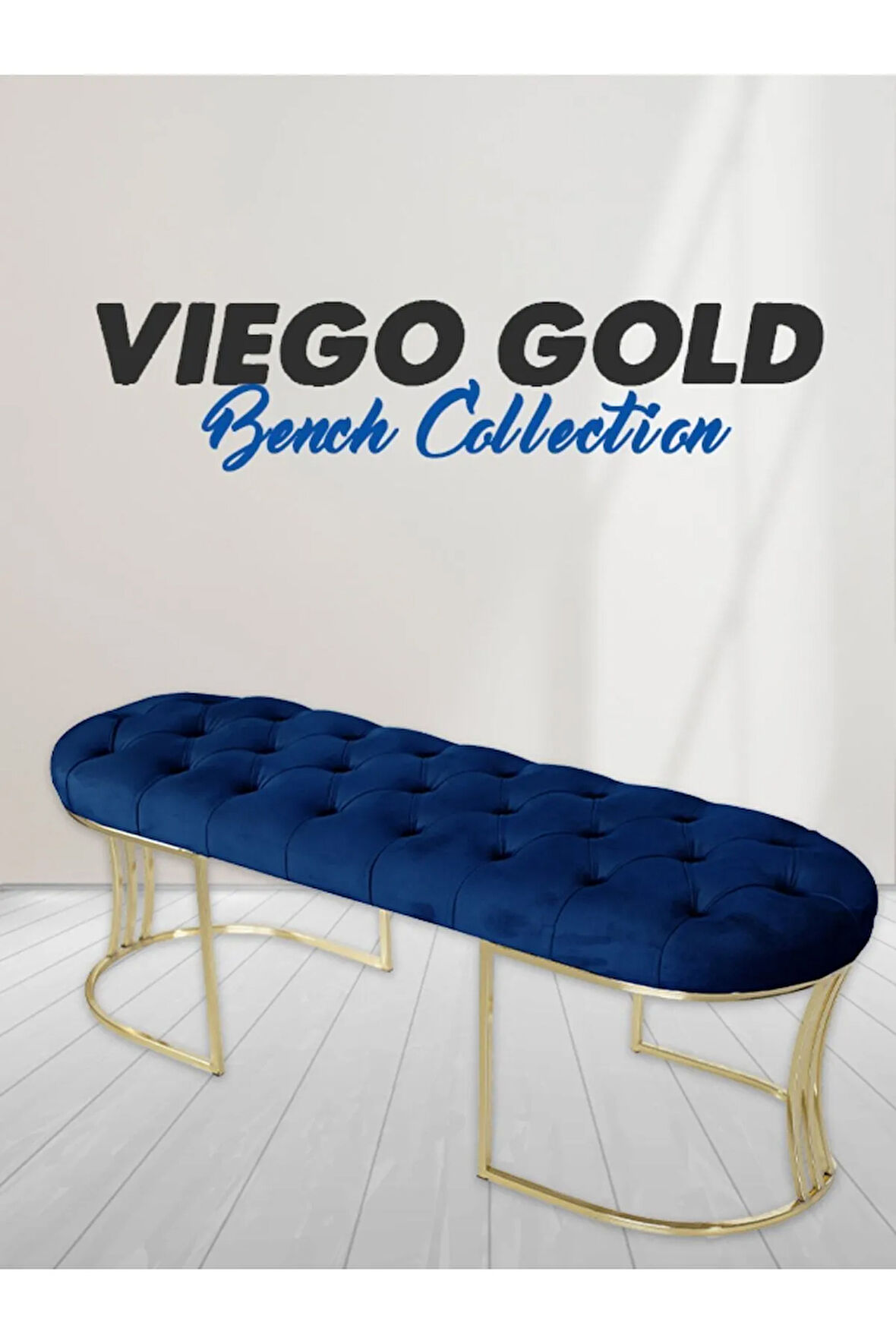 Viego Gold Mavi Puf - Lüks Metal Gold Ayak, Chester Model Yatak Ucu Bench Puf