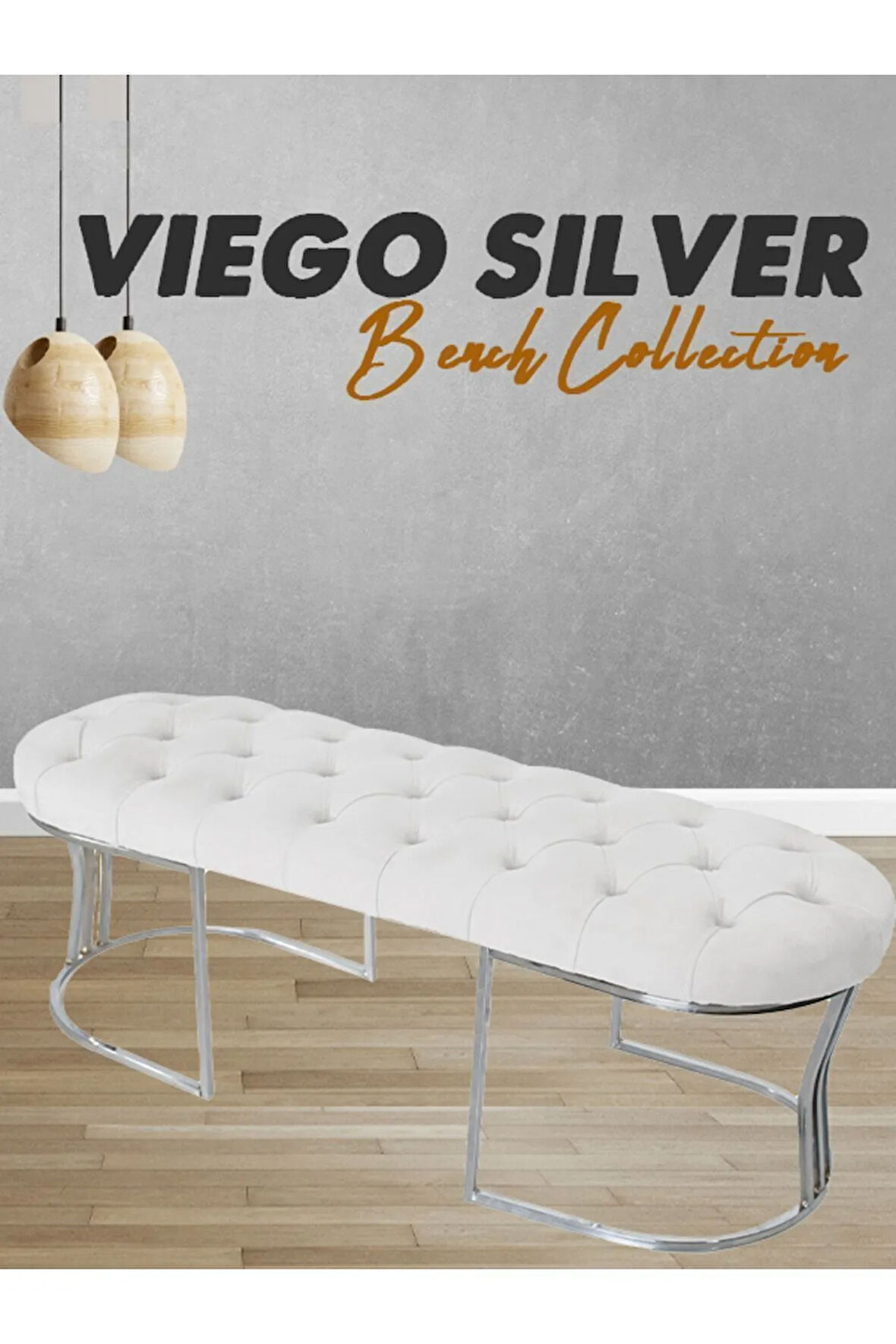Viego Silver Puf Lüks Metal Gümüş Ayak, Chester Model Yatak Ucu Beyaz Bench
