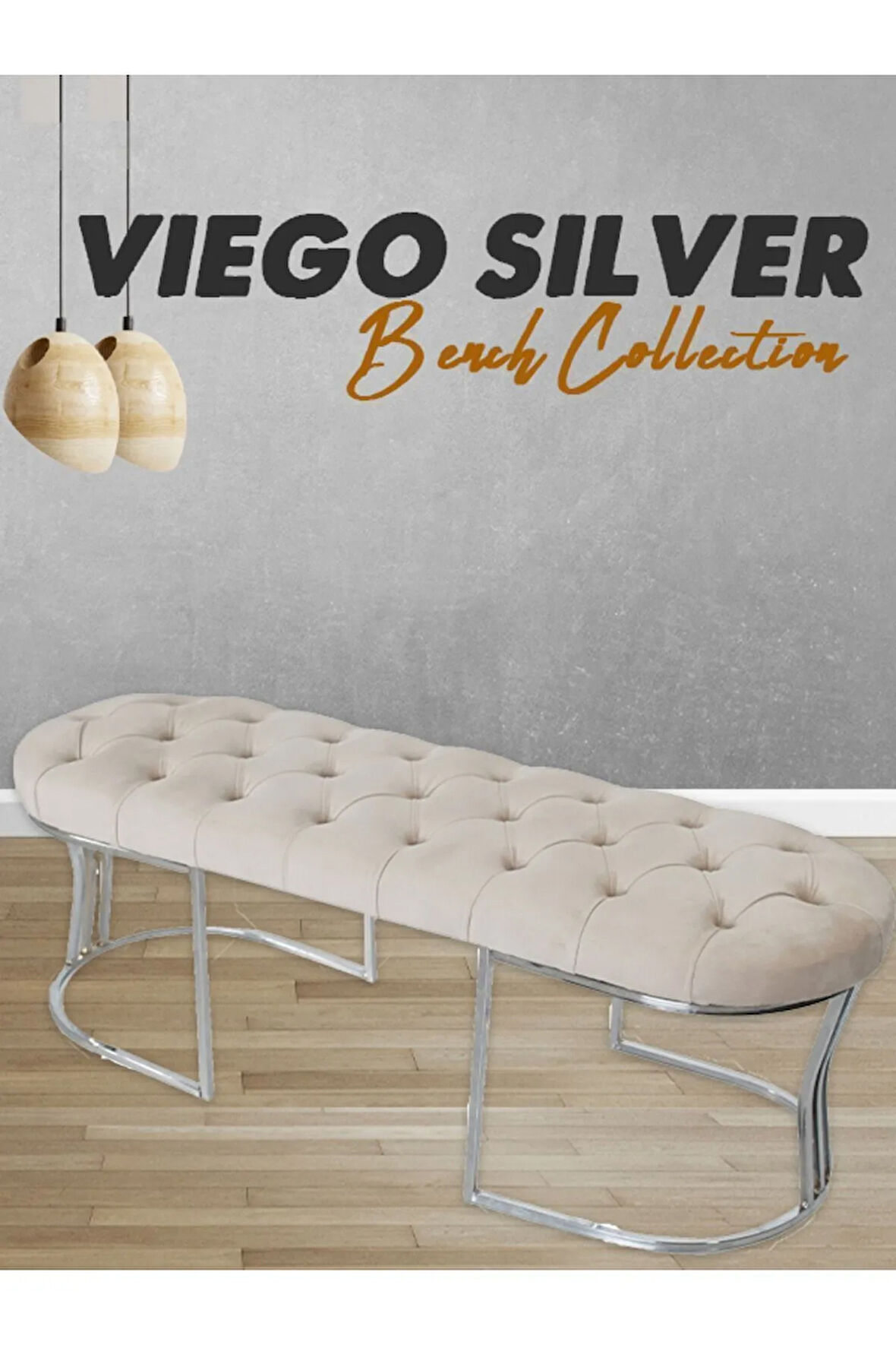 Viego Silver Puf Lüks Metal Gümüş Ayak, Chester Model Yatak Ucu Krem Bench