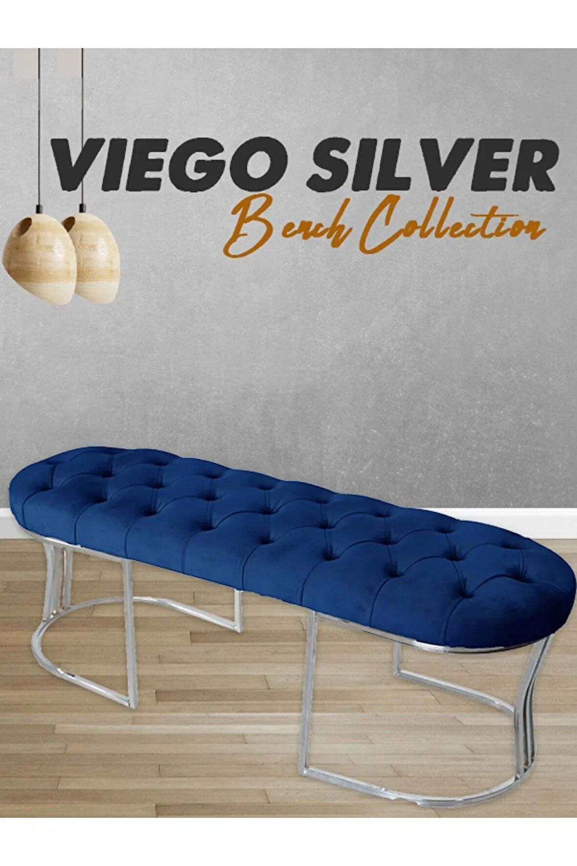 Viego Silver Puf Lüks Metal Gümüş Ayak, Chester Model Yatak Ucu Mavi Bench