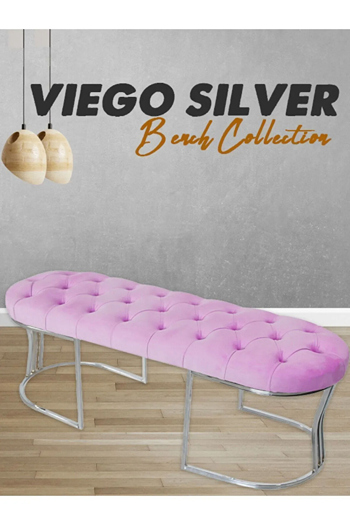 Viego Silver Puf Lüks Metal Gümüş Ayak, Chester Model Yatak Ucu Pembe Bench
